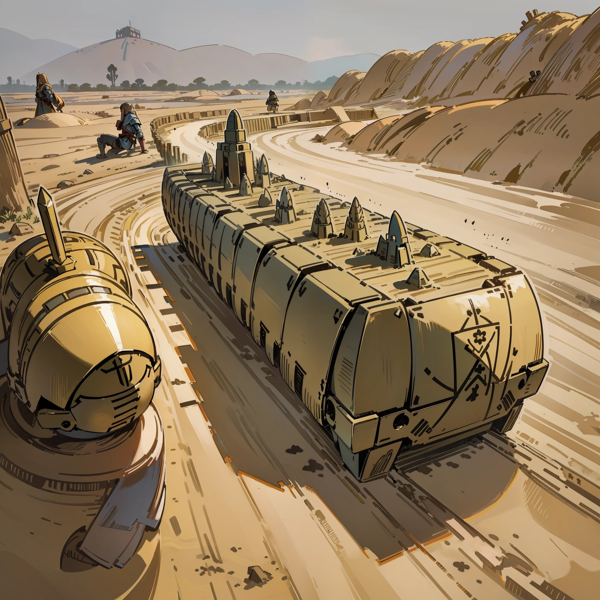 (Barracks: 1.5), (Many Soldiers: 2), Training, (Ancient), Long Hair, Long Sword, Armor, Sand Flying, Sand Rolling, Yellow, Earth, Wood Obstacles, Comics, Ray Tracing, Detail, 4K, HD, High Quality