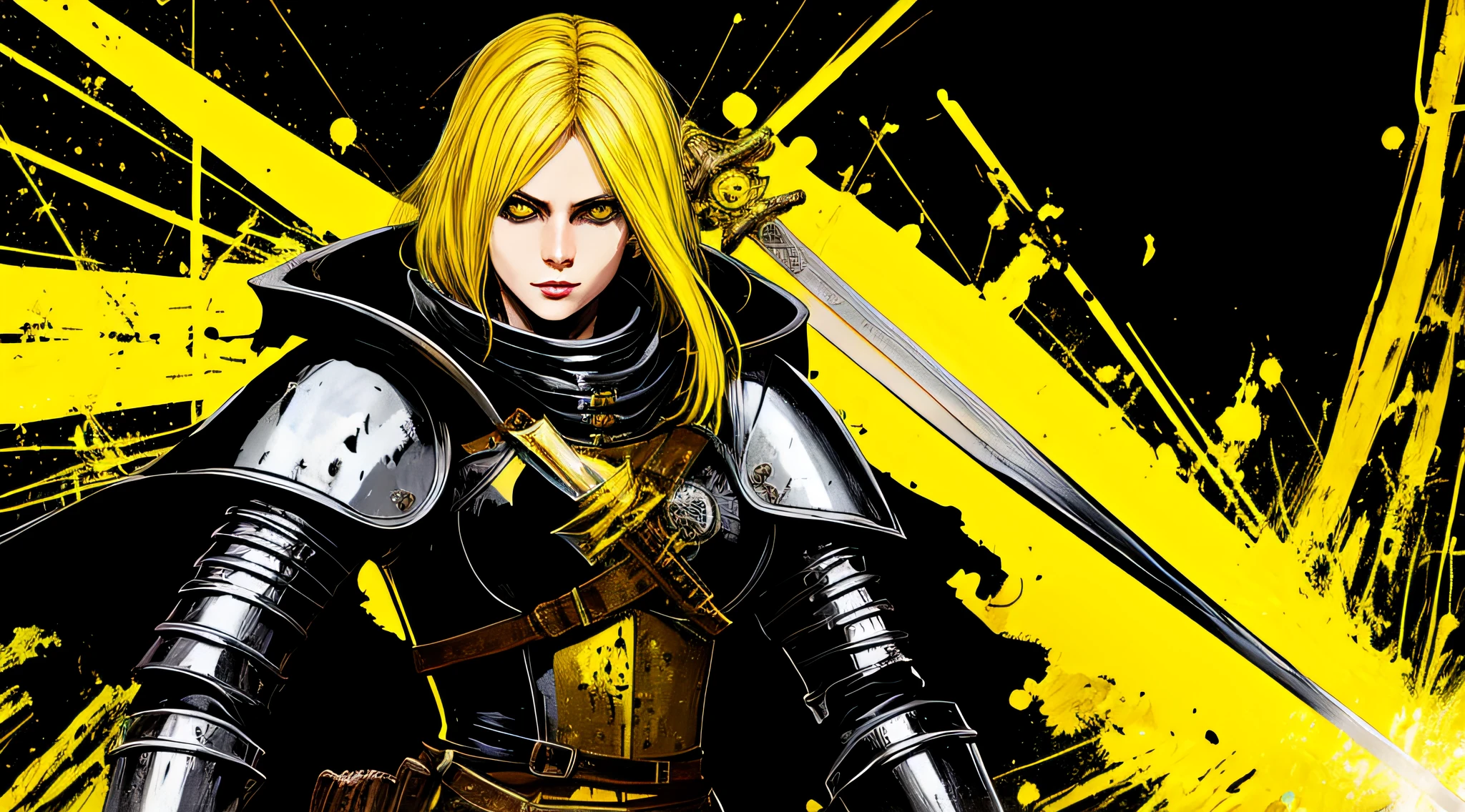 yellow and black, a blonde female medieval knight, with a sword, in the style of Mork Borg, strong contrast, grunge dirty punk splash art, black metal zine