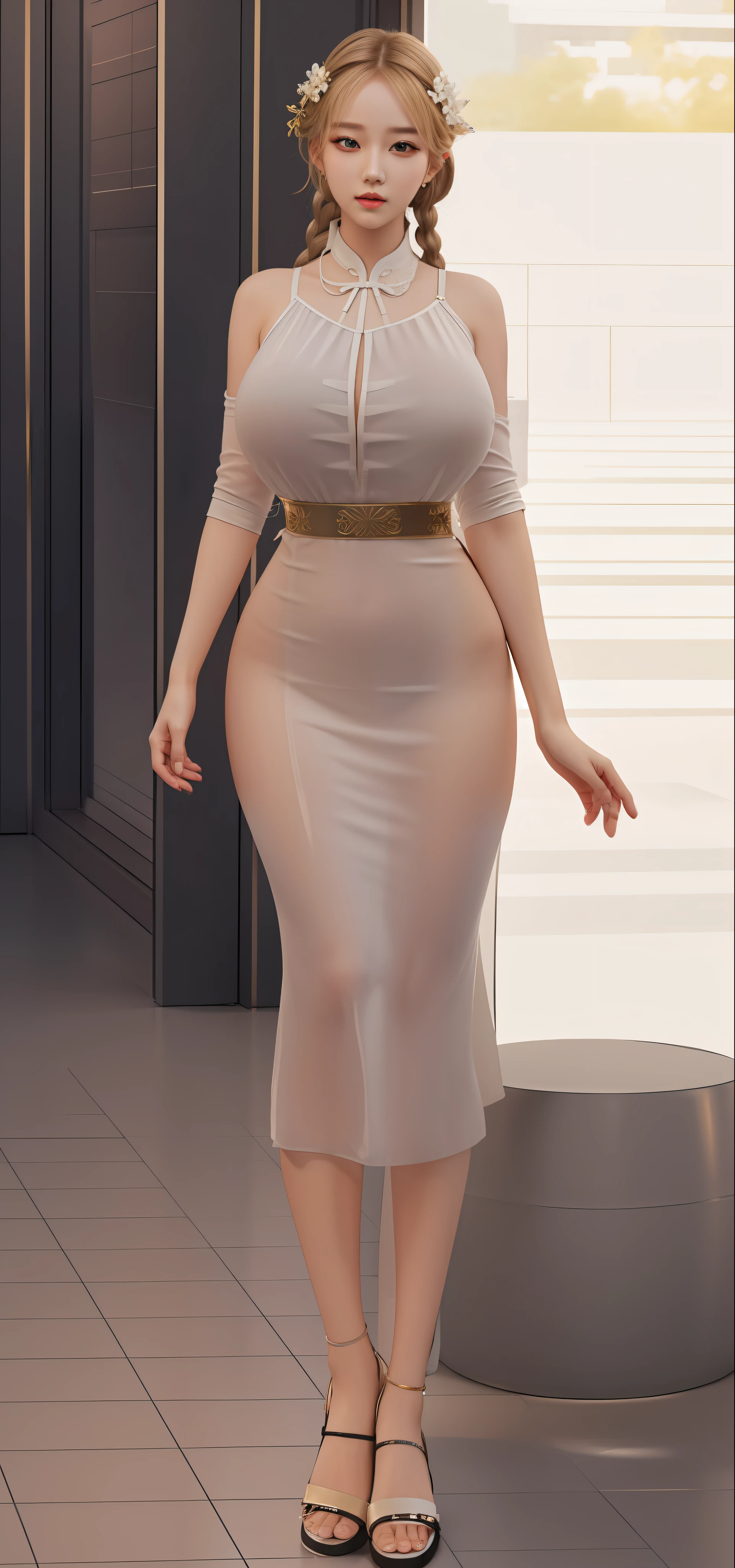 An Idol k-pop girl, cute girl, sexy girl, white braid hair, intricate face details, detailed face, golden ratio face, big breast, big butt, big hip, big thighs, full body, 64K, UHD, HDR, high quality, high detailed, hyper detailed, extremely detailed, photo realistic, ultra realistic, art photo, clarify the details, detailed parts body, intricate artwork masterpiece, trending on artstation, go white