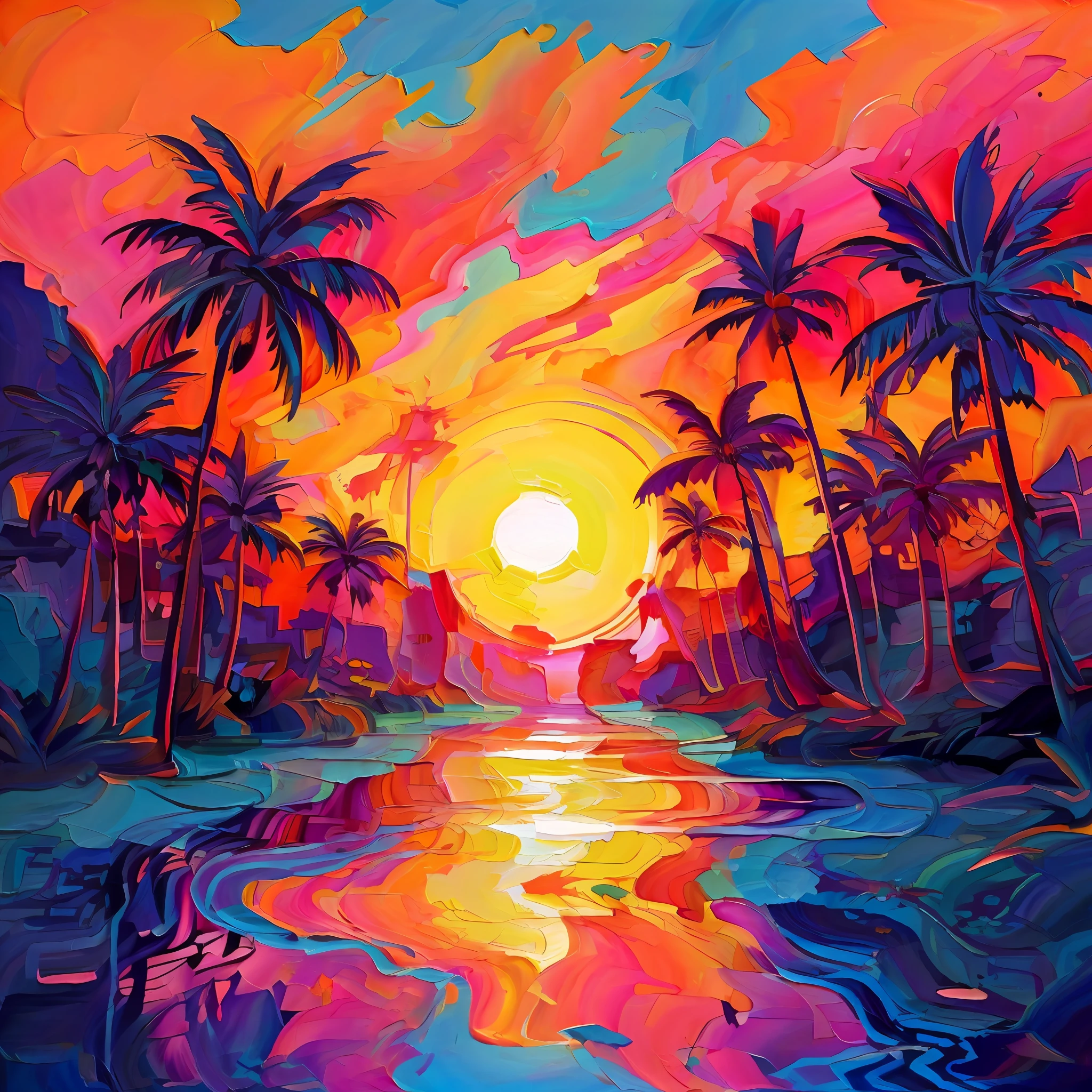 a painting of a sunset with palm trees and a body of water, beautiful art, an abstract tropical landscape, jen bartel, stunning art style, vibrant digital painting, psychedelic sunset, vibrant gouache painting scenery, sunset illustration, kilian eng vibrant colors, kilian eng vibrant colors, vibrant sunset, colorful sunset,  psychedelic landscape, 8k stunning art