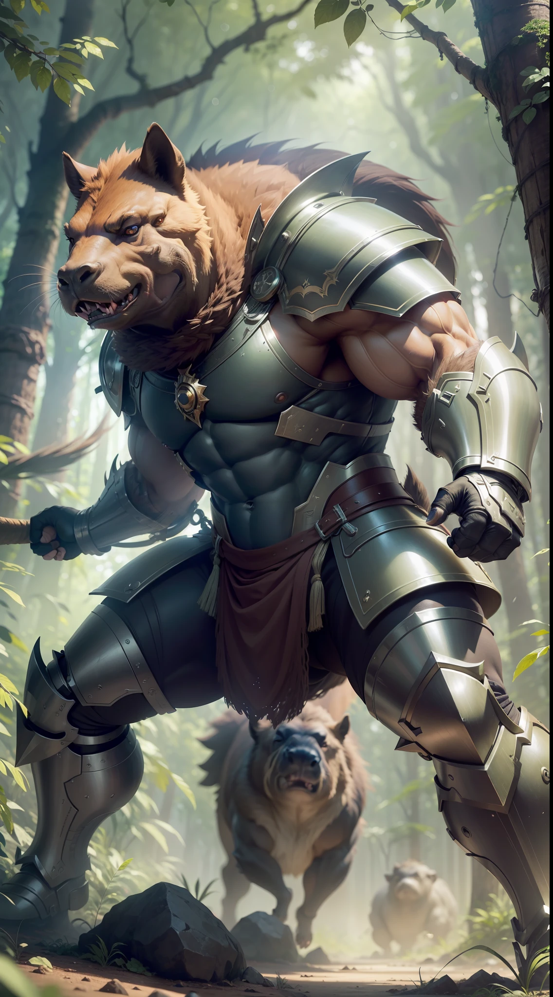 (extremely detailed CG unity 8k wallpaper, masterpiece, best quality, ultra-detailed), best lighting, best shadow (a very strong, giant, muscular humanoid capybara wearing battle armor), fierce expression, sharp claws, Amazon forest, volumetric lighting.