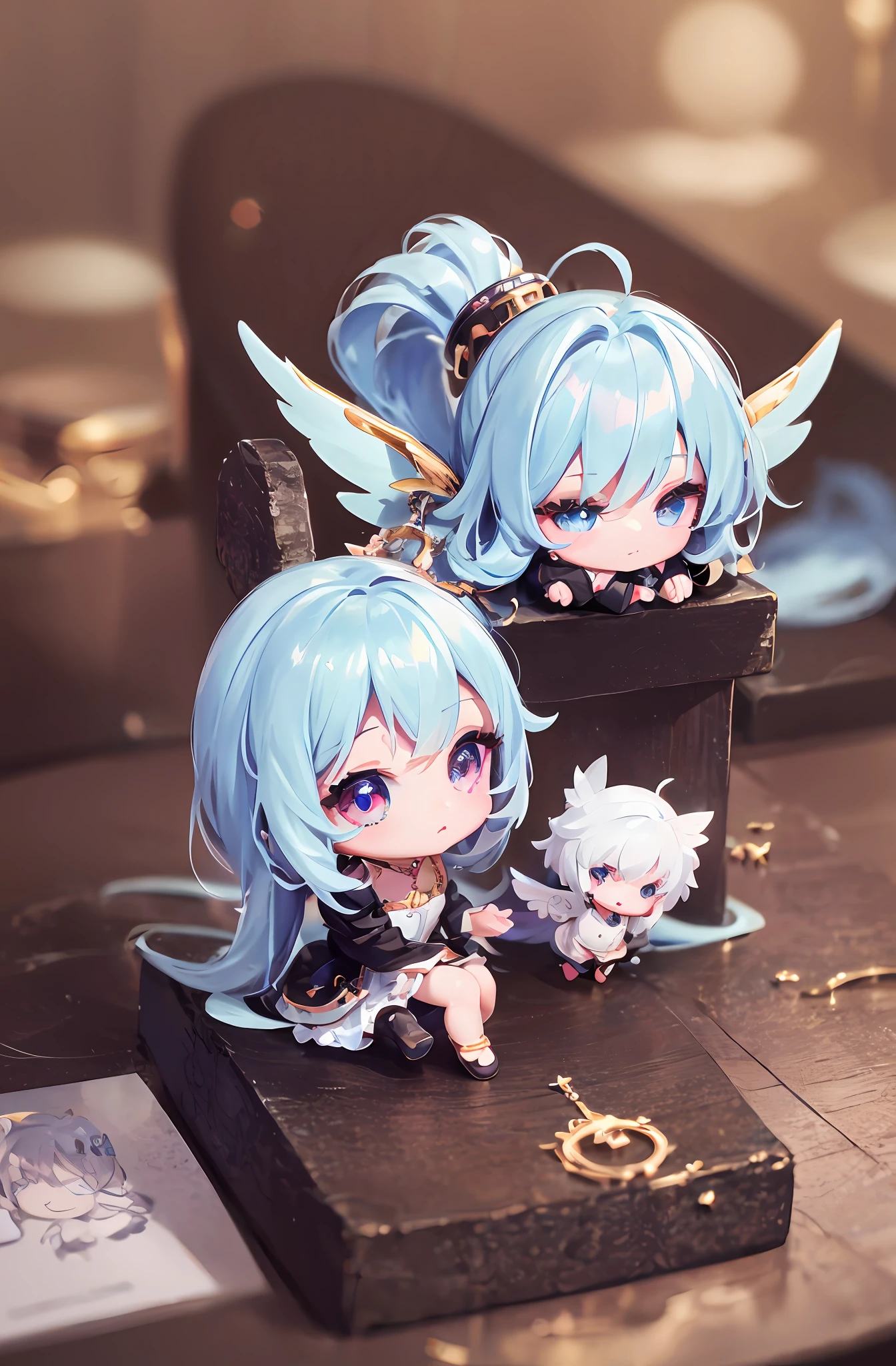 One angel doll on the table, 8K high quality detail art, 1 anime angel, style as Nendoroid, stylized anime, anime style 4K, cute detailed digital art, Guweiz style artwork, 8K octar rendering photos, advanced digital chibi art, cute 3D rendering, anime style. 8k