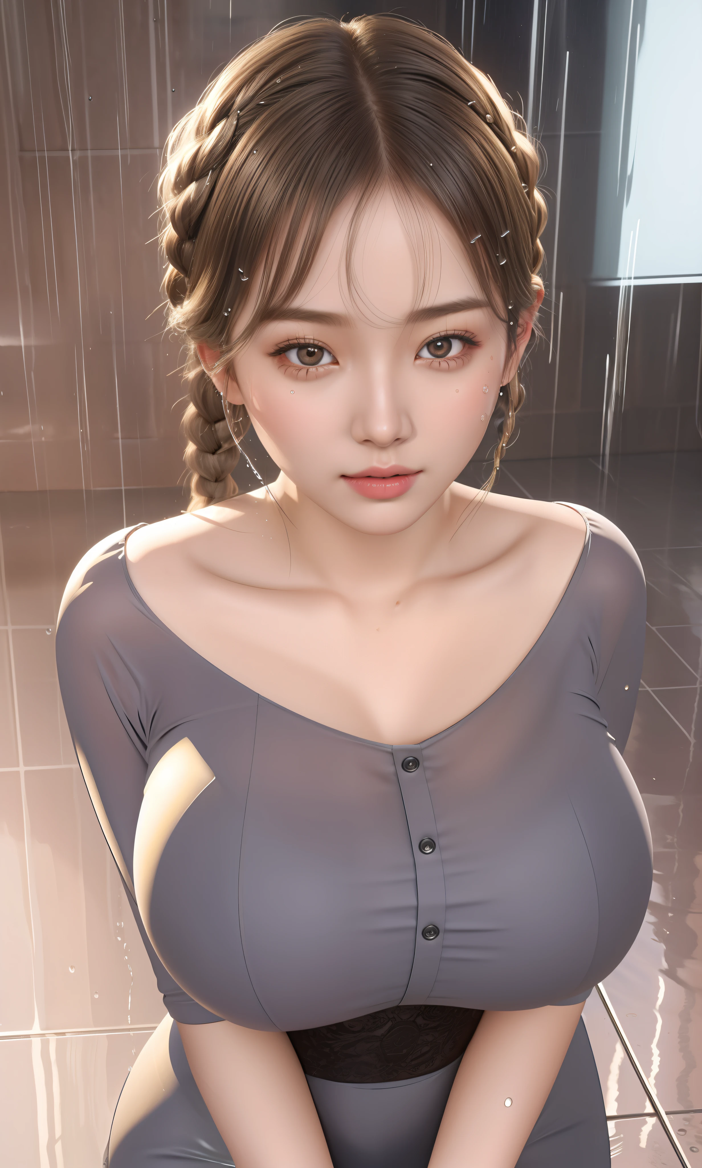 An Idol k-pop girl, cute girl, sexy girl, white braid hair, intricate face details, detailed face, golden ratio face, big breast, big butt, big hip, big thighs, full body, 64K, UHD, HDR, high quality, high detailed, hyper detailed, extremely detailed, photo realistic, ultra realistic, art photo, clarify the details, detailed parts body, intricate artwork masterpiece, trending on artstation, heavy rain, wet clothes, wet skinny, water sticks to people, wet floor, rain water falling on people, rain water all over my body, Masterpiece 8k(photo-realistic), a girl is standing on rain((details in Full HD water drips)) wet and glued clothing very sharp1.15((detailed drops on skin))