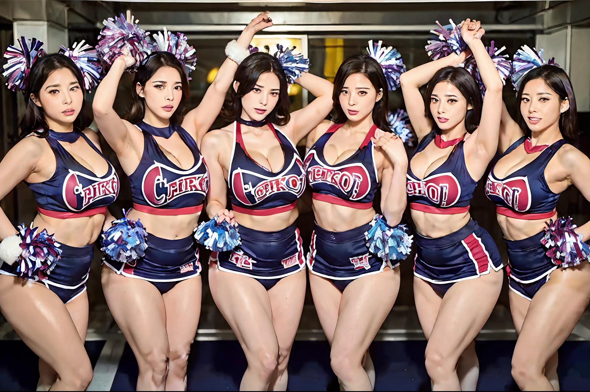 (8k), (Best quality), beautiful mature females, 30~40years old, milf, a group of cheerleaders is posing for a photo wearing cheerleader outfit and holding pom poms, crossed eyes, seductive face, lewd, curvy, thick thight, wide hips, huge lips:1.4, massive lips:1.4, bombi, full body