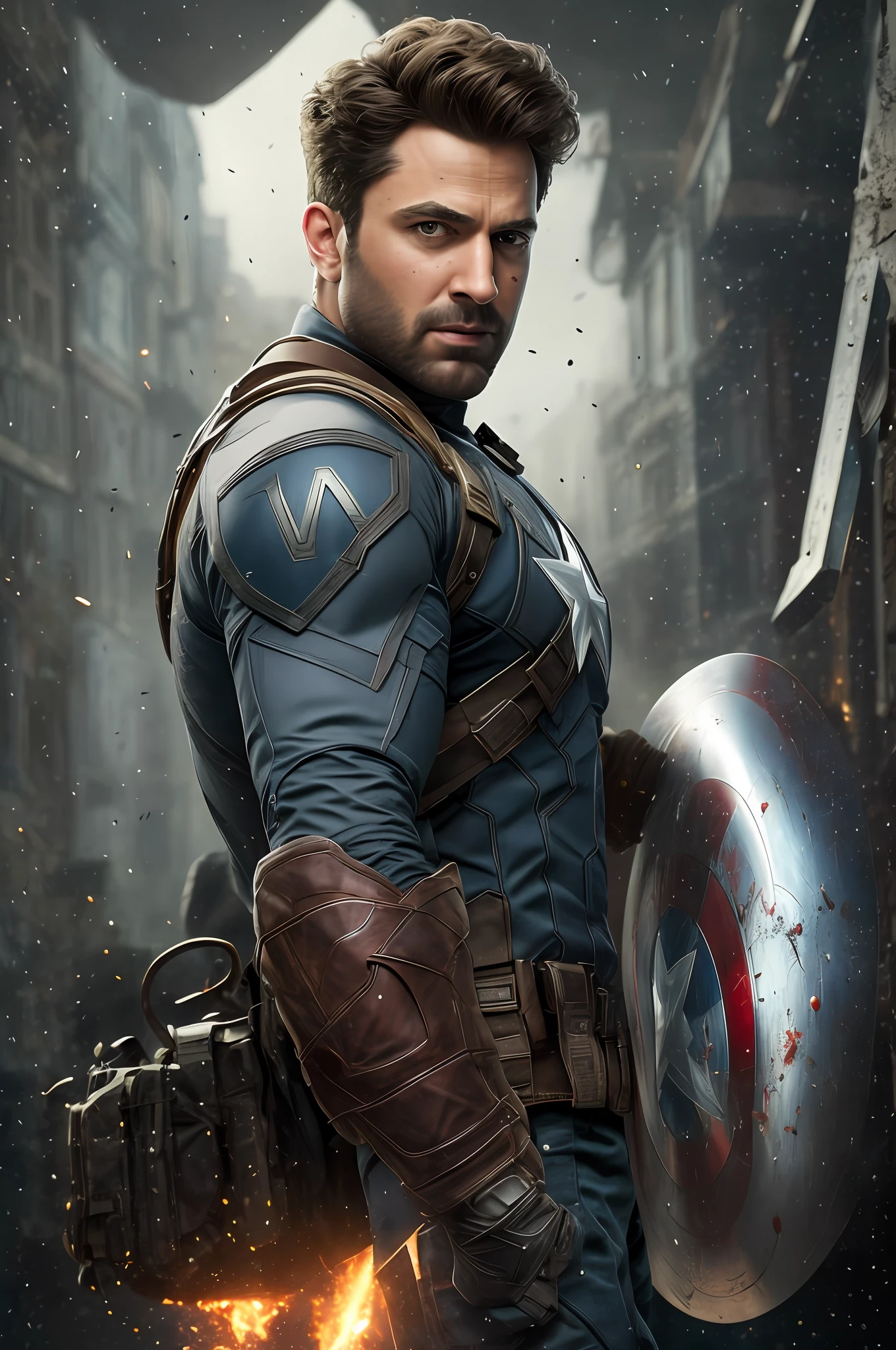 . .Ghophalaf as Captain America 8k, high definition, detailed face, detailed face, detailed eyes, detailed suit, in style of marvel and dc, hyper-realistic, + cinematic shot + dynamic composition, incredibly detailed, sharpen, details + superb details + evening with light + perfectionism + award winning realism ((moody lighting))