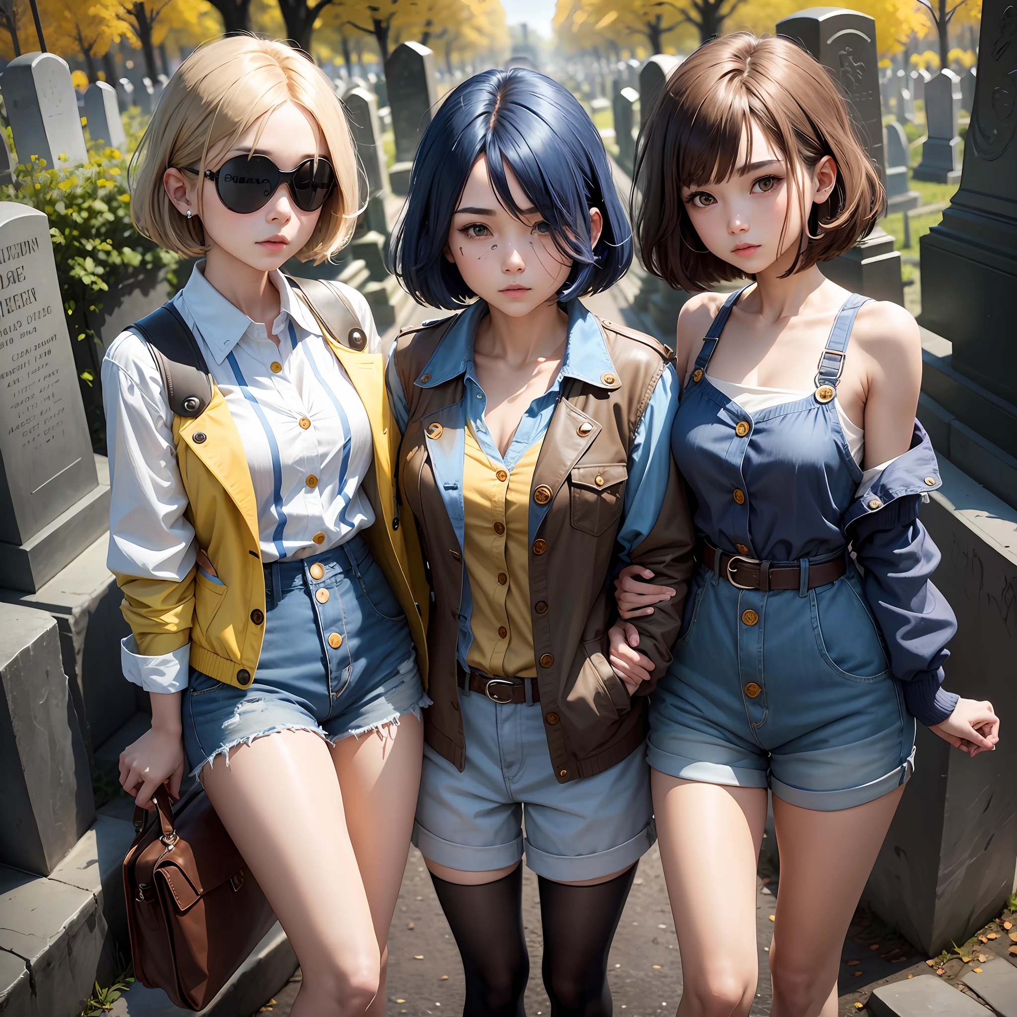 Brown bob hair, left blindfolded by hair, blue long-sleeved shirt with three yellow buttons in the center, blue shorts, yellow and black striped sleeveless jacket, clogs, cemetery --auto --s2
