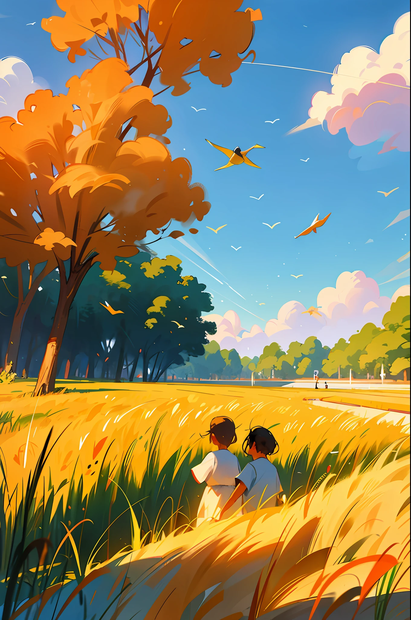 By the lake, a group of children are playing happily and splashing water. A lush forest surrounds a tranquil lake with sparkling water reflecting the blue sky and white clouds. Families picnicking in the shade and enjoying the summer. In the distance, the golden wheat fields sway with the wind, like a golden ocean. Farmers are harvesting crops and celebrating the harvest season. On the other side of the field, some young people are flying kites, and the colorful kites are dancing in the blue sky.