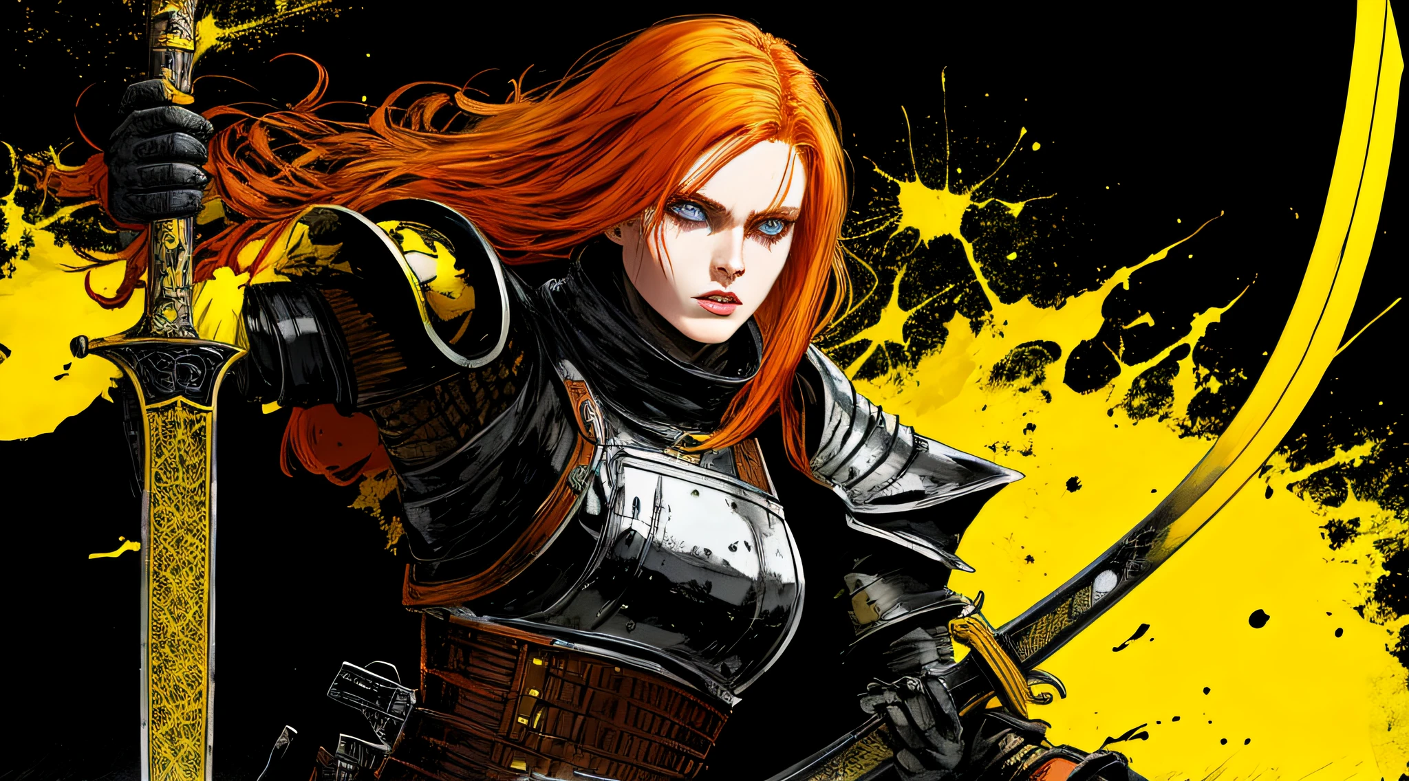 yellow and black, a ginger female medieval knight, with a sword, in the style of Mork Borg, strong contrast, grunge dirty punk splash art, black metal zine