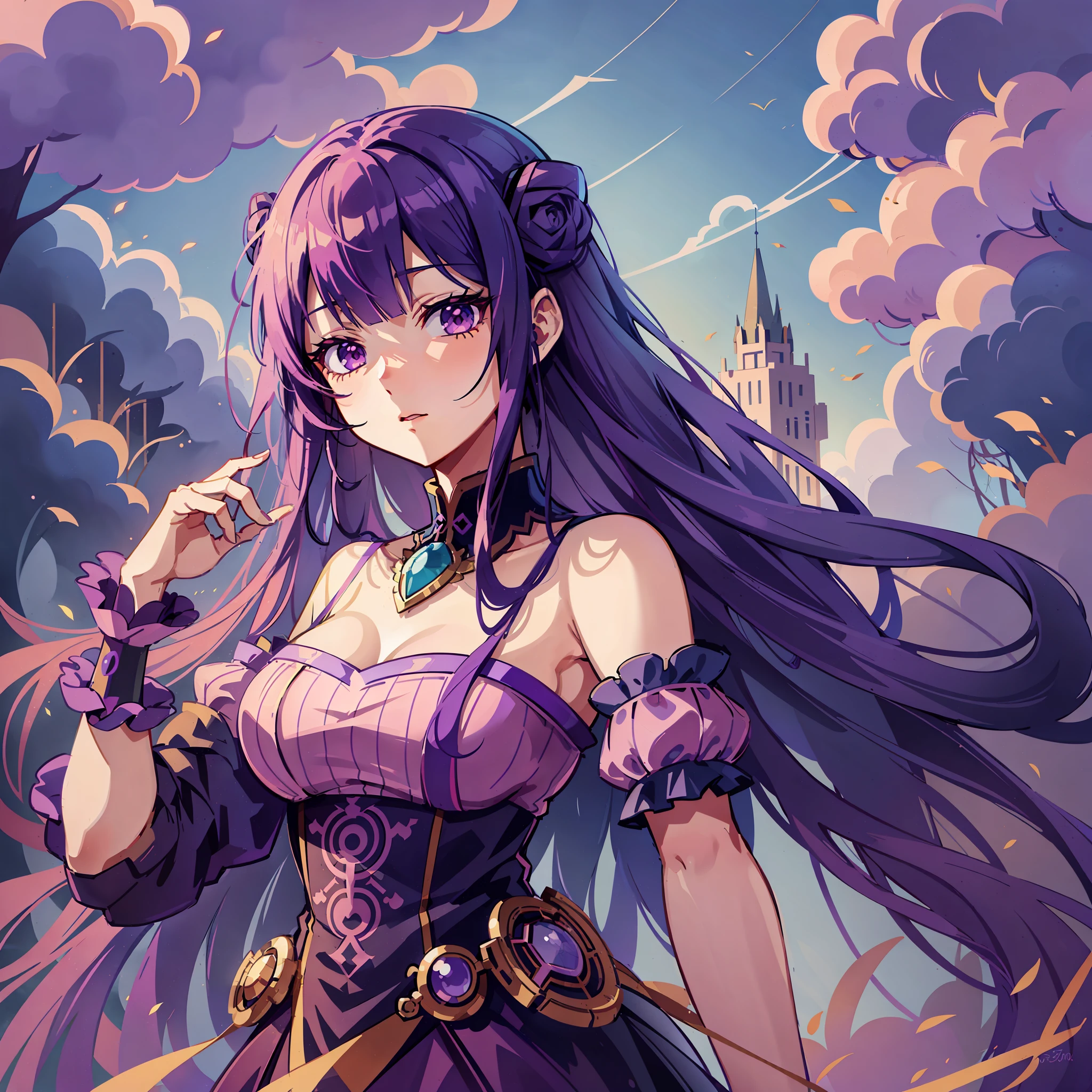 flat illustration anime girl with long purple hair wearing a purple dress and a tiable, an anime drawing by Kamagurka, pixiv, fantasy art, detailed digital anime art, anime style 4 k, detailed anime art, anime goddess, beautiful anime art style, anime princess, anime moe artstyle, 8k high quality detailed art, detailed anime artwork, anime illustration