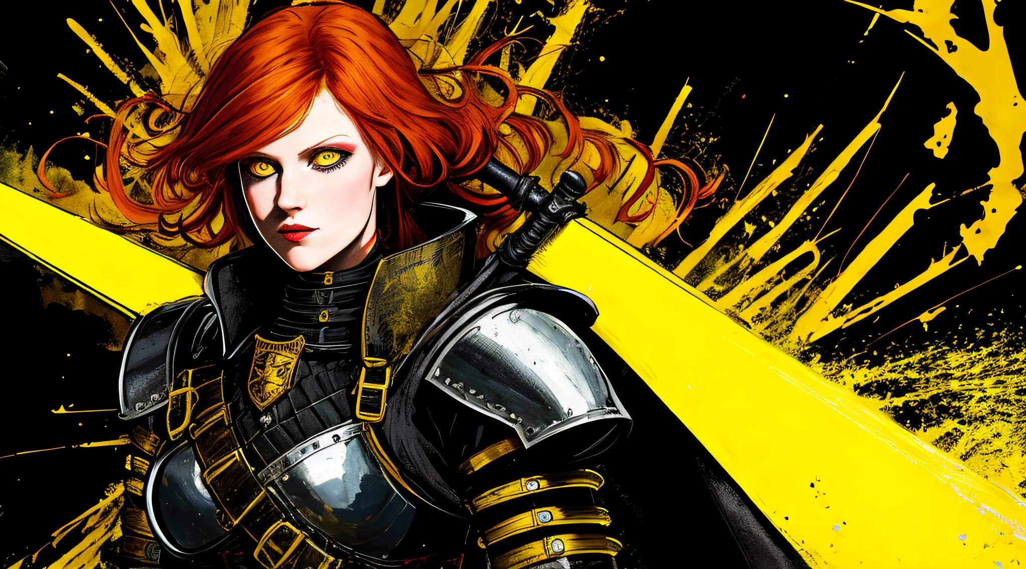 yellow and black, a ginger female medieval knight, with a sword, in the style of Mork Borg, strong contrast, grunge dirty punk splash art, black metal zine