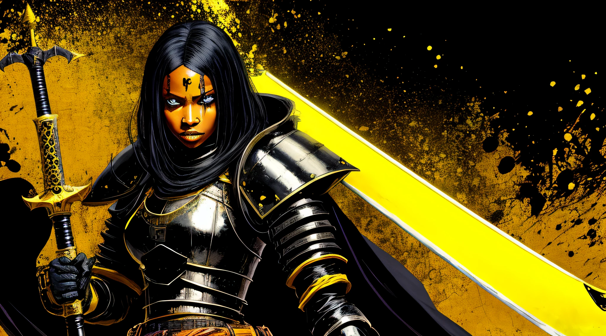 yellow and black, a black skinned female medieval knight, with a sword, in the style of Mork Borg, strong contrast, grunge dirty punk splash art, black metal zine