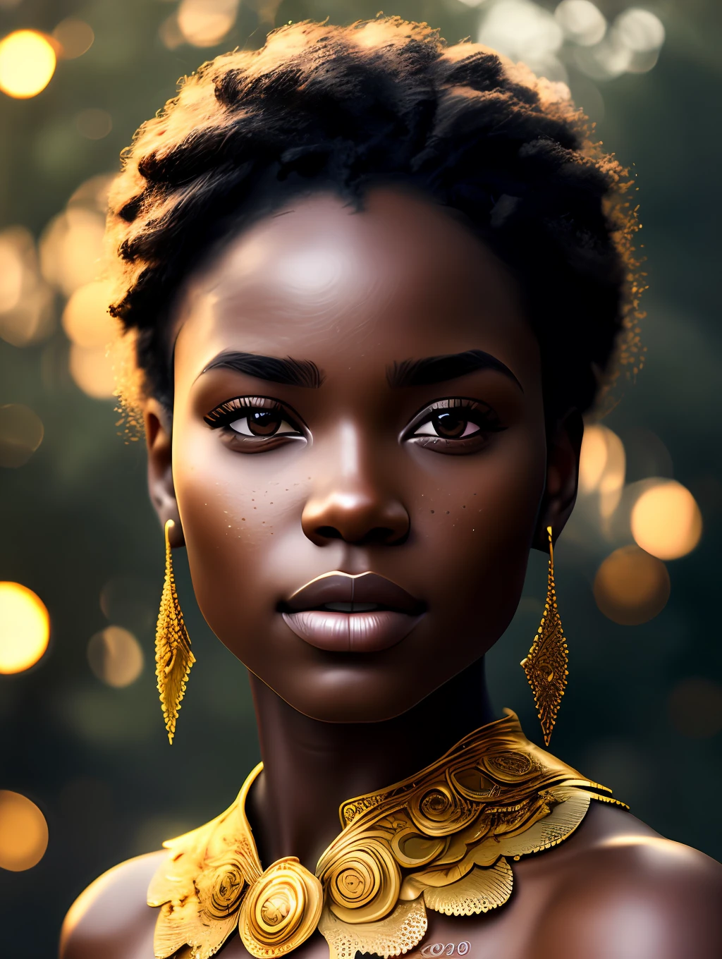(masterpiece) An insanely detailed photo of an extremely beautiful and sensual black woman made out of gold, skin made out of gold, with golden eyes, in the style of bio art, raw metallicity, black and white mastery, golden African influence, pure color, close-up, woman, stock photo, masterpiece, best quality, high quality, extremely detailed cg unity wallpaper 8k, scenery, award winning photography, hdr, trending artstation, trending cgsociety, intricate, high detail, cinematic lighting, beautiful woman, humanoid