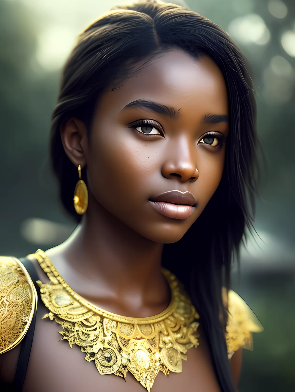 (masterpiece) An insanely detailed photo of an extremely beautiful and sensual black woman made out of gold, skin made out of gold, with golden eyes, in the style of bio art, raw metallicity, black and white mastery, golden African influence, pure color, close-up, woman, stock photo, masterpiece, best quality, high quality, extremely detailed cg unity wallpaper 8k, scenery, award winning photography, hdr, trending artstation, trending cgsociety, intricate, high detail, cinematic lighting, beautiful woman, humanoid