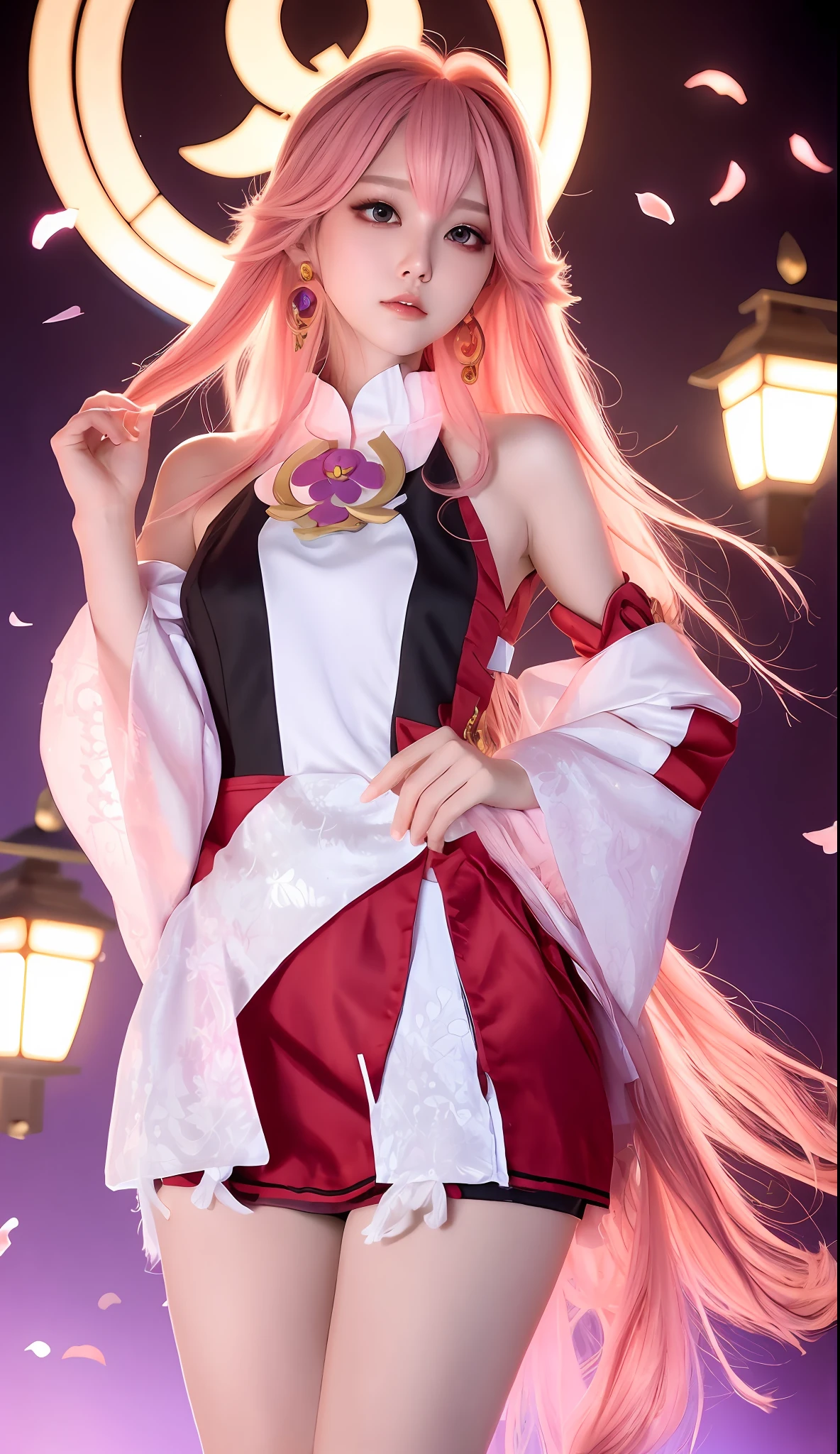 (ulzzang-6500-v1.1:0.4), 1girl, kpop idol, yae miko, detailed face, long legs shot, full body, master, best quality, (very detailed CG unity 8k wallpaper, masterpiece, best quality, ultra - detailed, best shadow), (detailed background), (beautiful detailed face, beautiful detailed eyes), High contrast, (best illumination, an extremely delicious and beautiful), independent sleeves, pink hair, long hair, best quality, (photorealistic : 1.2), (Hair Accessory: 1.35), Jewelry, Purple Eyes, Earrings, Big Breasts, Torii, Cherry Blossoms, Lantern Lights, Depth of Field, Detailed Face, Facial Focus, (Looking at Viewer: 1.25), Skin Shine, long sleeves