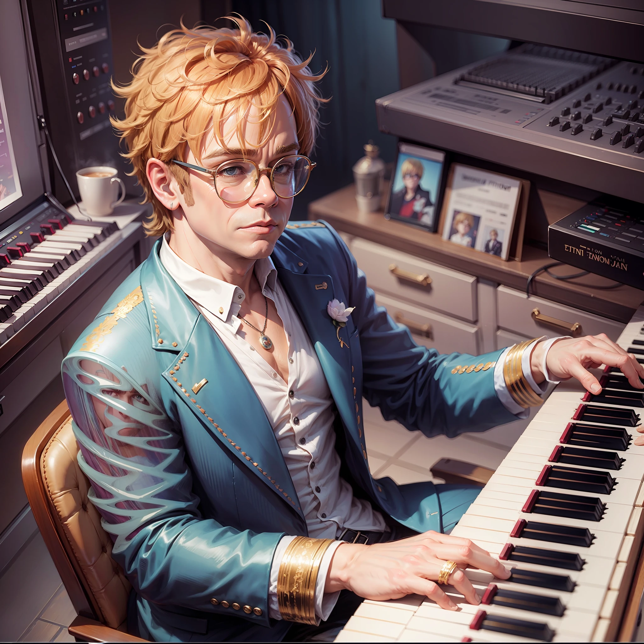 Anime-style image of Elton John playing piano --auto --s2