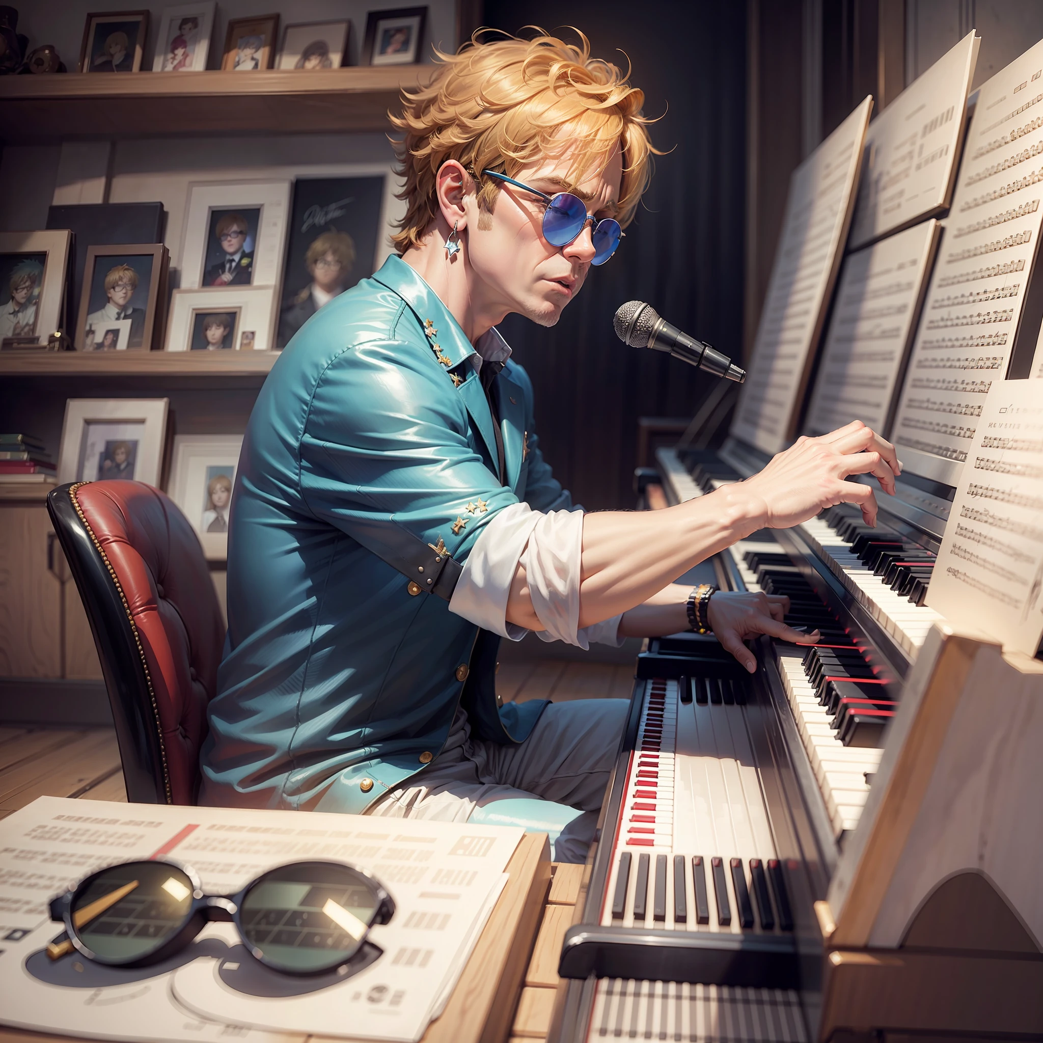 Anime-style image of Elton John playing piano --auto --s2