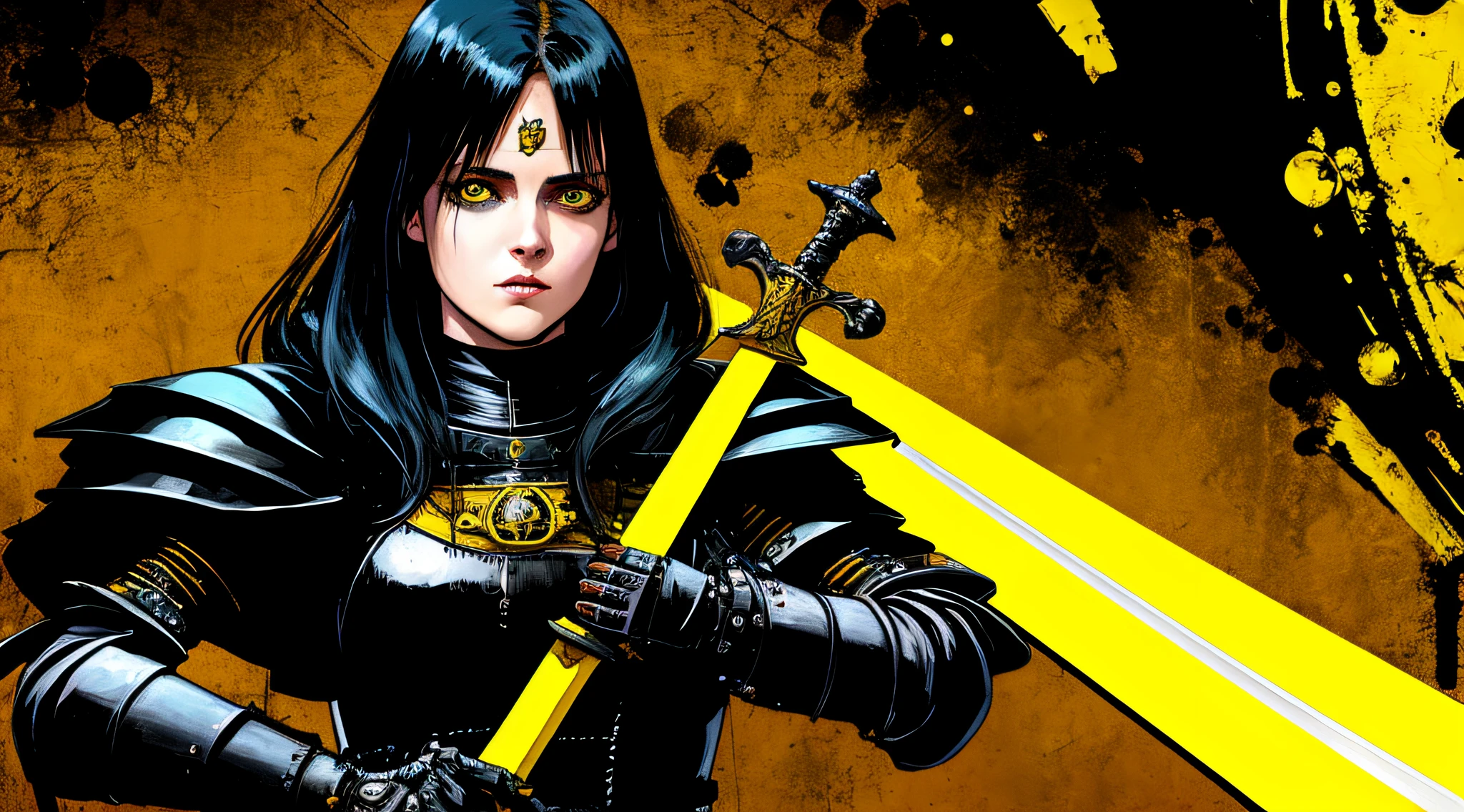 yellow and black, a female medieval knight, with a sword, in the style of Mork Borg, strong contrast, grunge dirty punk splash art, black metal zine