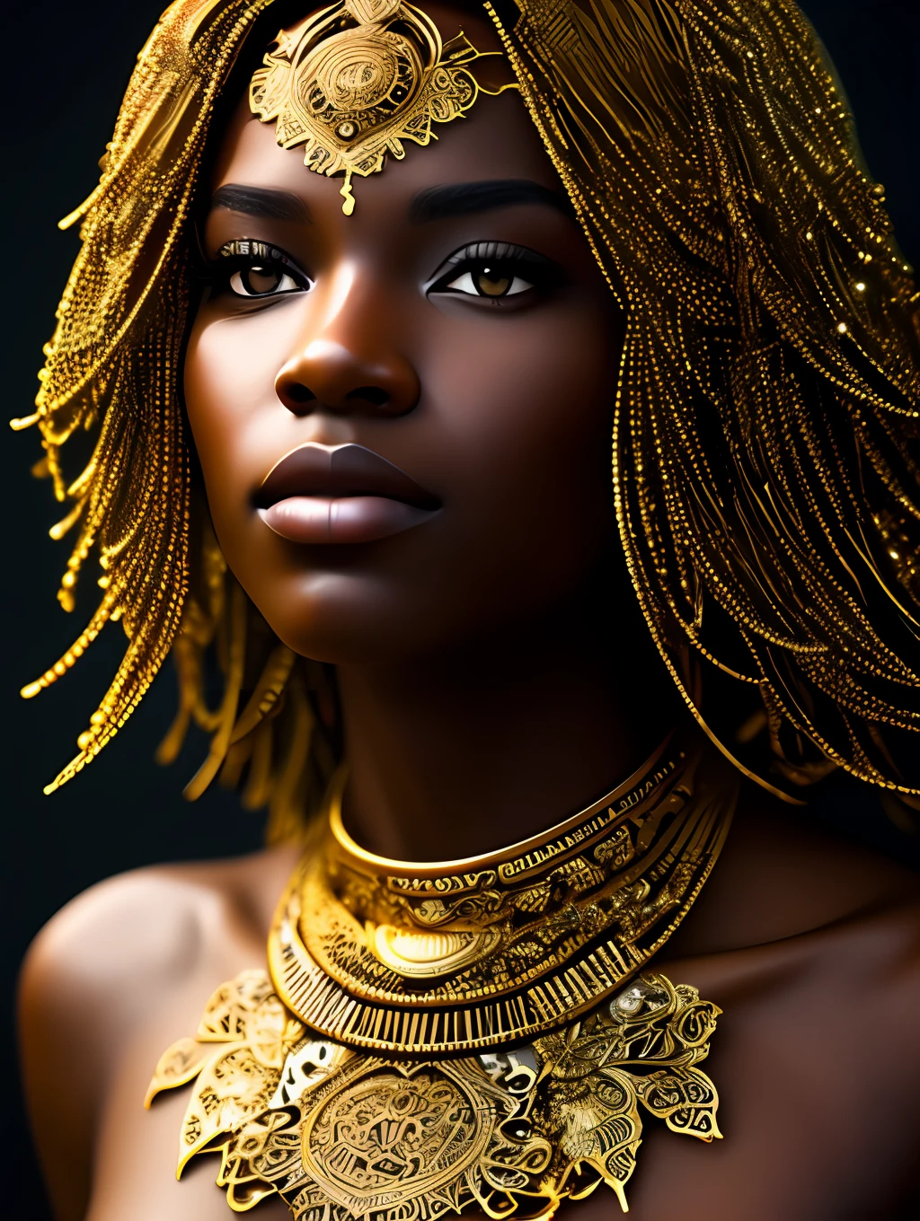 (masterpiece) An insanely detailed photo of an extremely beautiful and sensual black woman made out of gold, gold skin, with golden eyes, in the style of bio art, raw metallicity, black and white mastery, golden African influence, pure color, close-up, woman, stock photo, masterpiece, best quality, high quality, extremely detailed cg unity wallpaper 8k, scenery, award winning photography, hdr, trending artstation, trending cgsociety, intricate, high detail, cinematic lighting, beautiful woman, humanoid