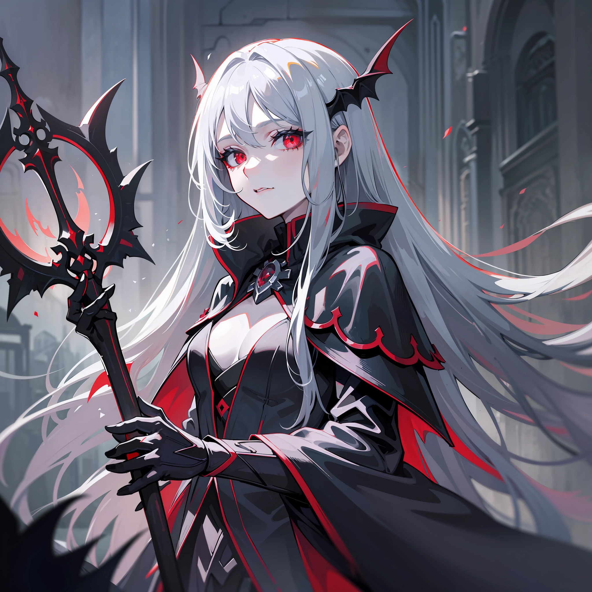 A silver-white vampire girl with long hair, holding a staff and wearing a black cape, snuggled next to a blood-colored bat, noble and elegant, she walked slowly in the cold night, and particle effects dotted the dark illusion beside her. Masterpieces, fantasy art, best quality rendering, unleash your imagination.