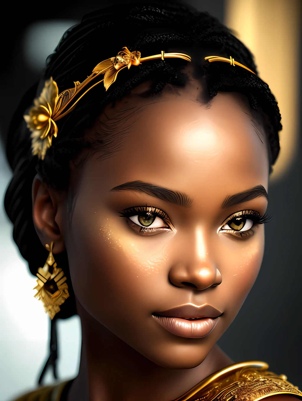 (masterpiece) An insanely detailed photo of an extremely beautiful and sensual black woman made out of gold, gold skin, with golden eyes, in the style of bio art, raw metallicity, black and white mastery, golden African influence, pure color, close-up, woman, stock photo, masterpiece, best quality, high quality, extremely detailed cg unity wallpaper 8k, scenery, award winning photography, hdr, trending artstation, trending cgsociety, intricate, high detail, cinematic lighting, beautiful woman, humanoid