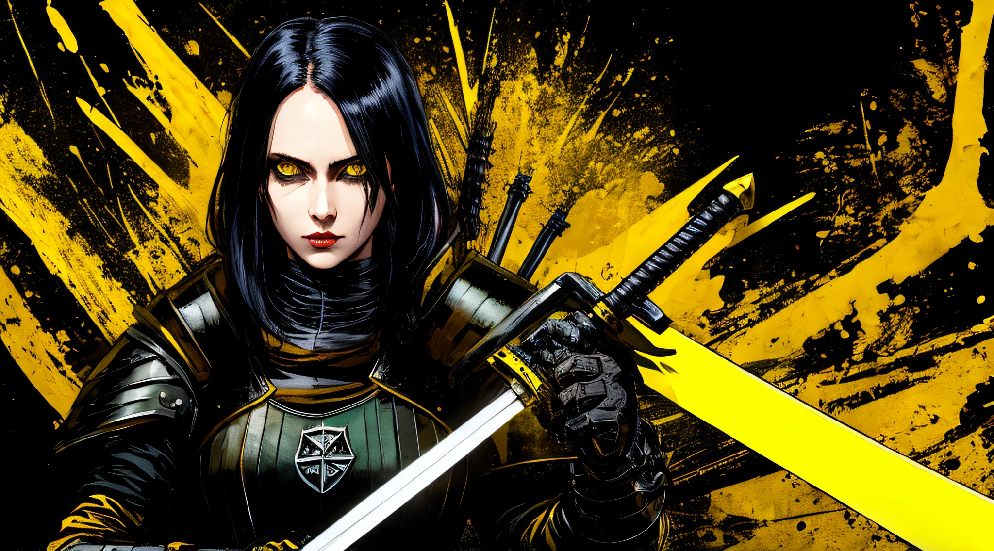 yellow and black, a female medieval knight, with a sword, in the style of Mork Borg, strong contrast, grunge dirty punk splash art, black metal zine