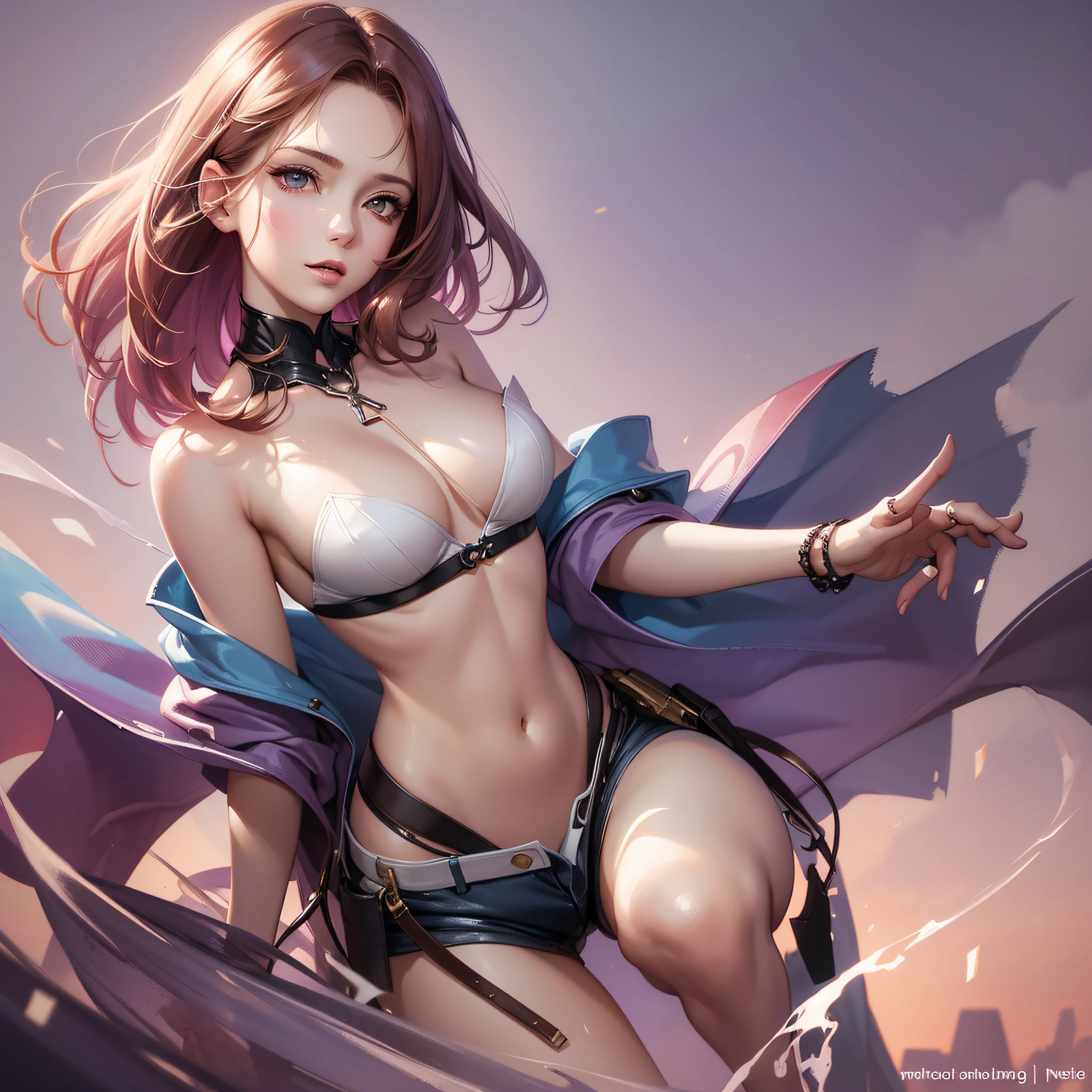 stylized watercolor digital illustration, attractive, fashion, young creamy pale skinning lady, Jessica, age 24, top angle shot, purplish brown light hair, metropolis background, cinematic light, white bardot shirt with belly button expose, tight short shorts, Art by Carne Griffiths and Wadim Kashin, Yoji Shinkawa, Peter Draws, heavenly Pretty face, detailed eyes, perfect anatomy, nature hand poses, nature legs poses, approaching perfection, dynamic poses, luminism, highly detailed, character sheet, sharp focus, full body shot, 8k UHD, masterpiece, ultra fine detail,