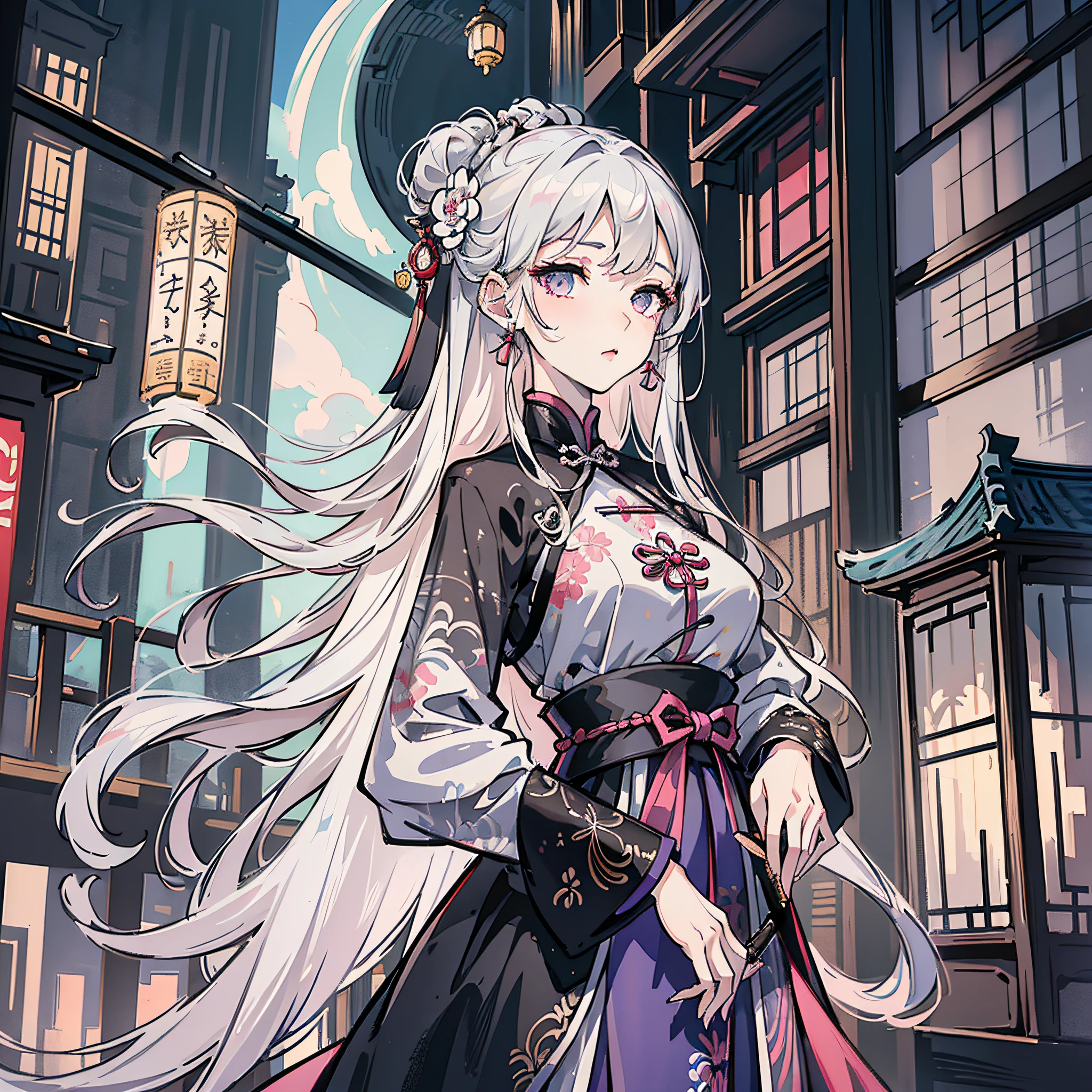 masterpiece, exquisite, night, full moon, one girl, mature, chinese style, ancient china, sister, royal sister, cold expression, expressionless, woman with long silver white hair, light pink lips, calm, intelligent, tribelt, gray pupil, assassin, short knife, flower ball background, cityscape walk --auto --s2