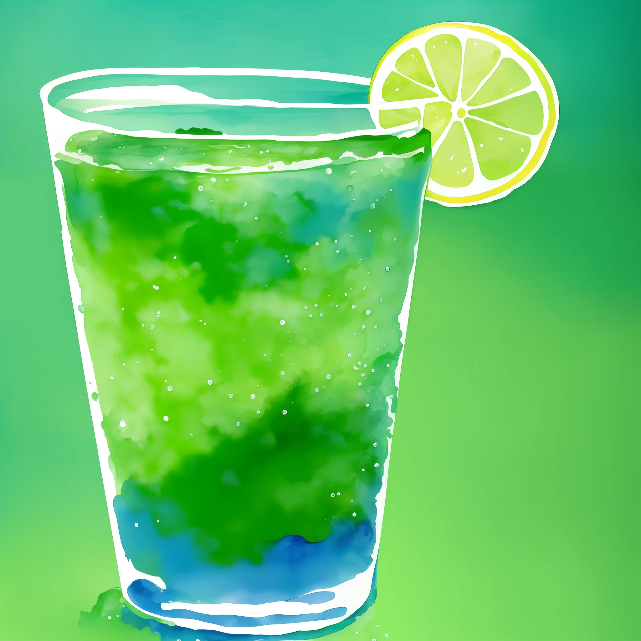 Drink with lots of ice, green drink with bubbling and bubbles, watercolor, made on paper with paper texture a little aged, drink swinging as when placed in the glass, American cup, tropical background, very vivid colors, 9k --auto --s2