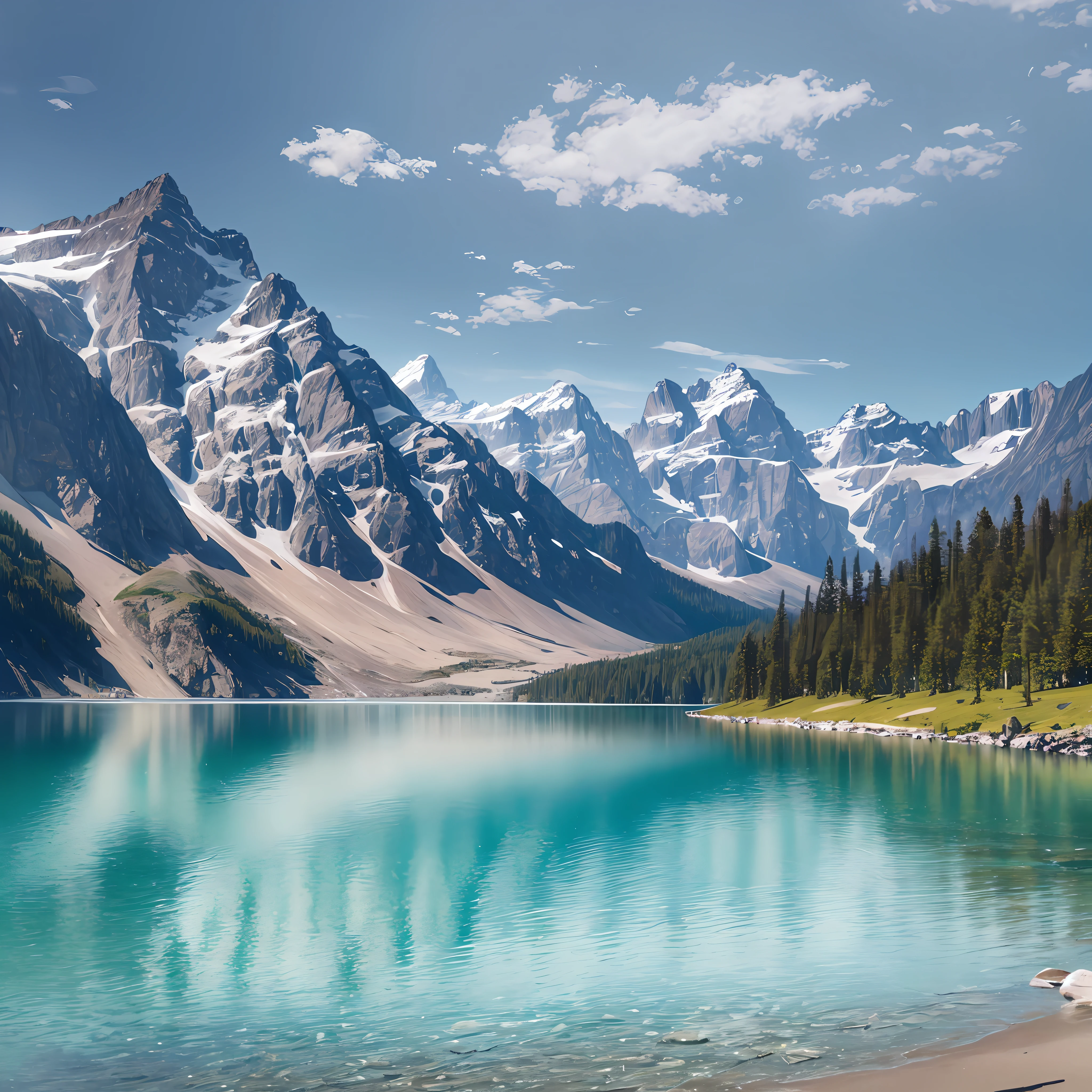 8k, ultra realistic, highly detailed, masterpiece,top quality, high resolution,a lake , mountain,cold & rainy weather,no people,very peaceful, transparent water of Lake ,a beach --auto --s2