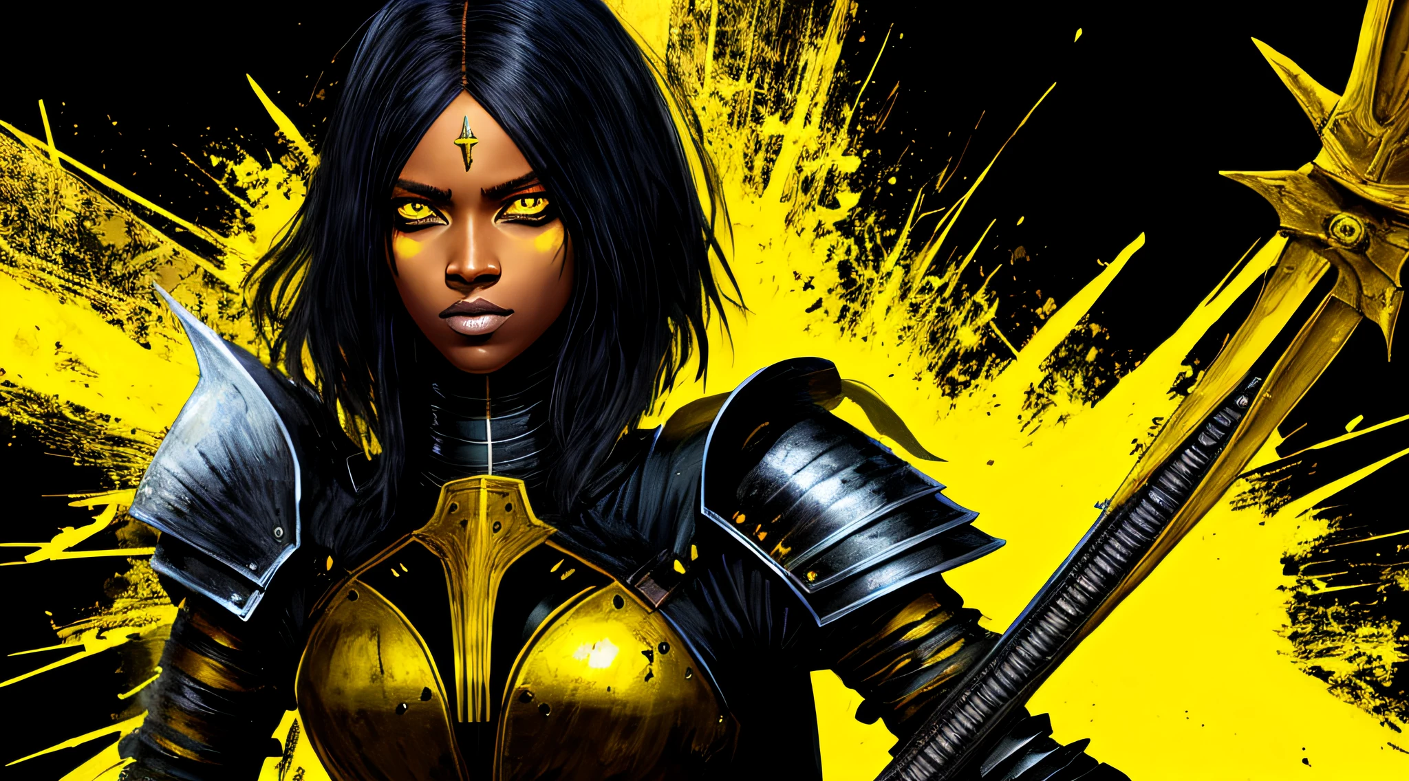 yellow and black, a dark skinned female medieval knight, with a sword, in the style of Mork Borg, strong contrast, grunge dirty punk splash art, black metal zine
