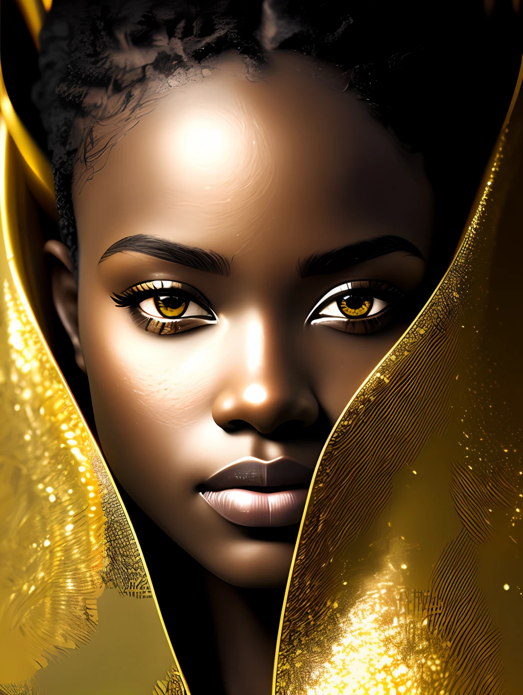 (masterpiece) An insanely detailed photo of an extremely beautiful and sensual black woman made out of gold, skin made out of liquid gold, with golden eyes, in the style of bio art, raw metallicity, black and white mastery, golden African influence, pure color, close-up, woman, stock photo, masterpiece, best quality, high quality, extremely detailed cg unity wallpaper 8k, scenery, award winning photography, hdr, trending artstation, trending cgsociety, intricate, high detail, cinematic lighting, beautiful woman, humanoid