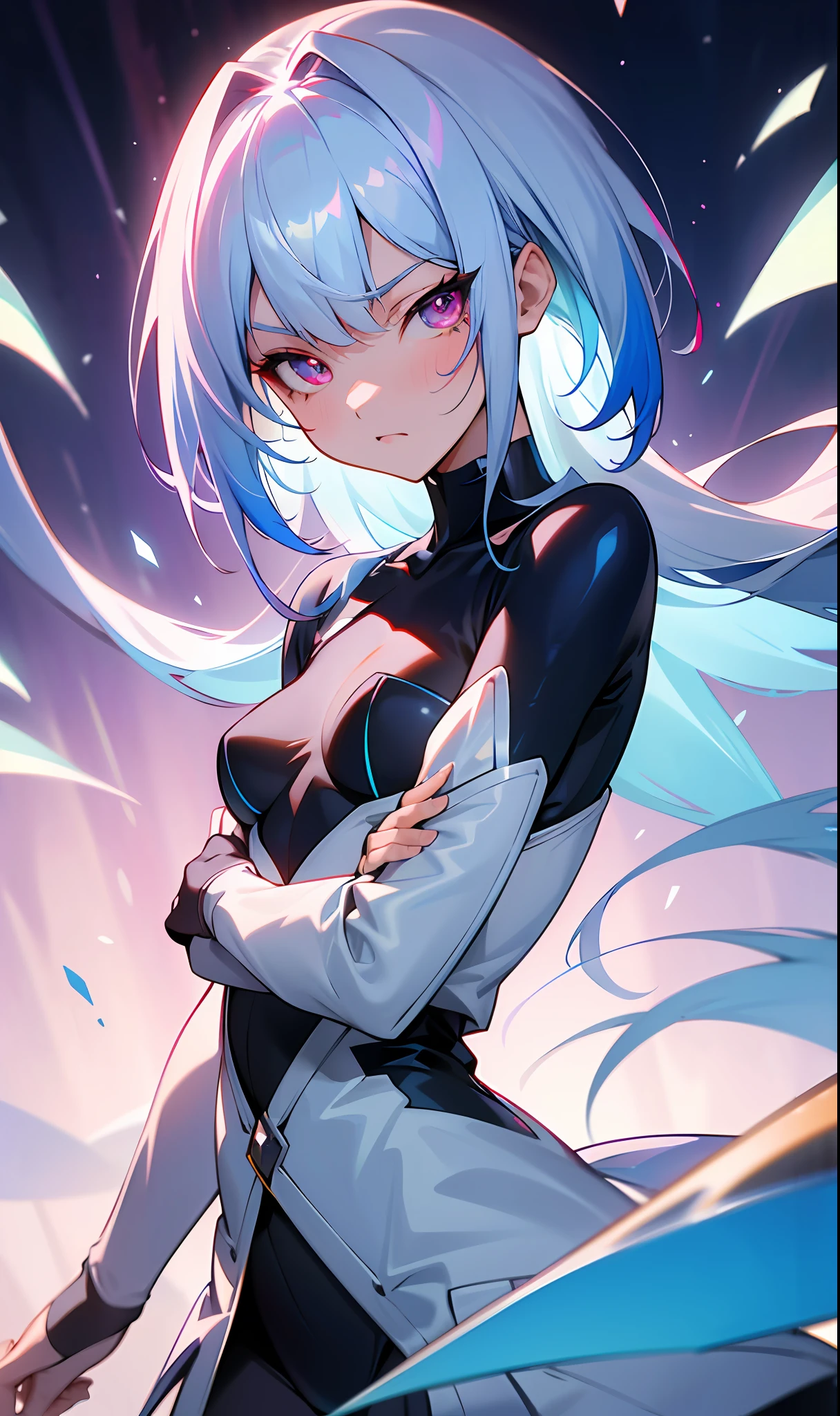 (Fine, sharp images, super resolution, extremely amazing detail, awesome detail), subsurface scattering, masterpiece, best quality, high quality, anatomically correct, textured skin, super detail, high detail, high quality, high quality, award-winning, best quality, high resolution, 1girl, solo, bust, straight eye, prism eye, prism hair, prism, serious, [silver|white] + (blue: -0.3) hair, blue + red eyes, gradient eyes, multicolored eyes, calm, small breasts, Short jacket, glowing eyes, glowing white grain, glitter, bloom, fantasy, cave