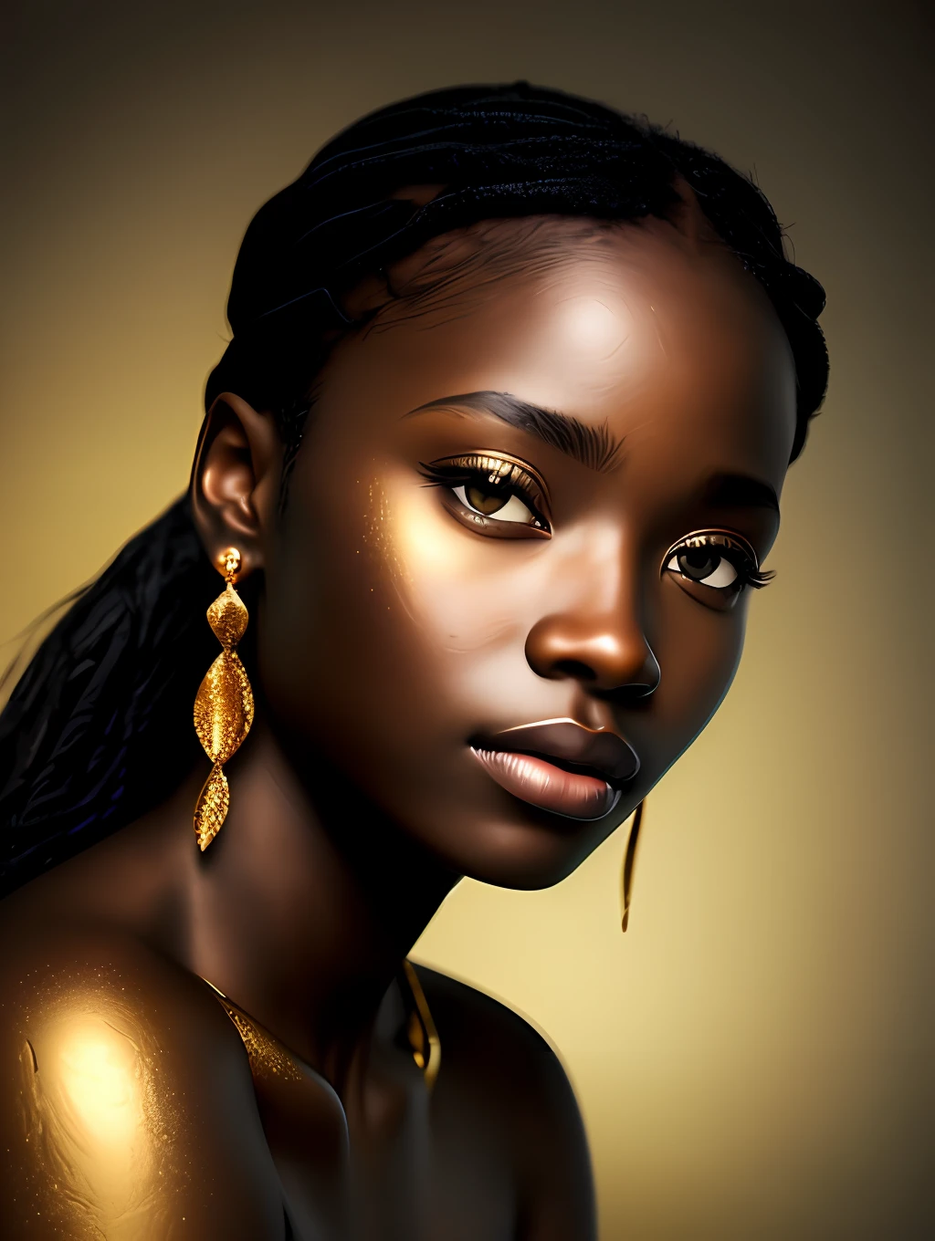 (masterpiece) An insanely detailed photo of an extremely beautiful and sensual black woman made out of gold, skin made out of liquid gold, with golden eyes, in the style of bio art, raw metallicity, black and white mastery, golden African influence, pure color, close-up, woman, stock photo, masterpiece, best quality, high quality, extremely detailed cg unity wallpaper 8k, scenery, award winning photography, hdr, trending artstation, trending cgsociety, intricate, high detail, cinematic lighting, beautiful woman, humanoid