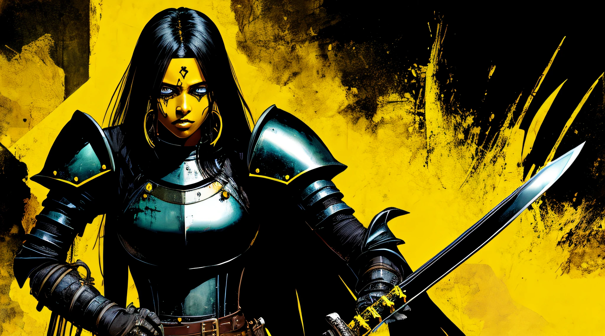 yellow and black, a dark skinned female medieval knight, with a sword, in the style of Mork Borg, strong contrast, grunge dirty punk splash art, black metal zine