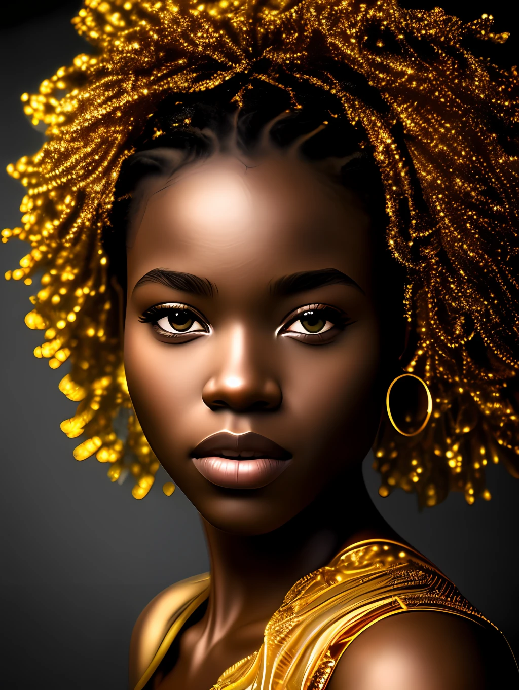 (masterpiece) An insanely detailed photo of an extremely beautiful and sensual black woman made out of gold, skin made out of liquid gold, with golden eyes, in the style of bio art, raw metallicity, black and white mastery, golden African influence, pure color, close-up, woman, stock photo, masterpiece, best quality, high quality, extremely detailed cg unity wallpaper 8k, scenery, award winning photography, hdr, trending artstation, trending cgsociety, intricate, high detail, cinematic lighting, beautiful woman, humanoid