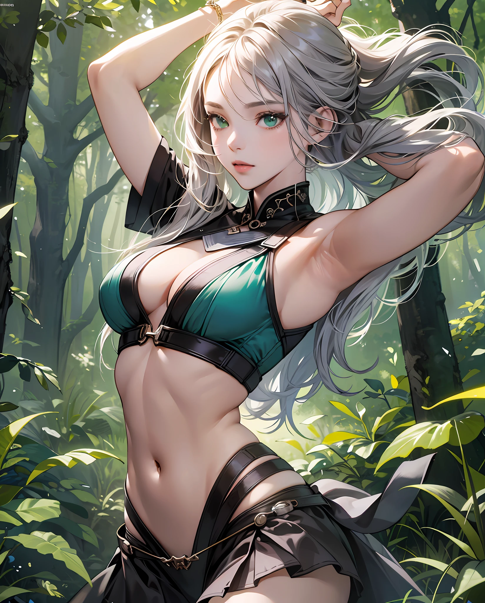 Farmer girl, whithout t-shirt, (((no t-shirt))), 1girl, (masterpiece, high resolution, photorealistic:1.3), tall elven maiden, silver hair cascading, captivating green eyes, well-defined muscular physique, (alluring outfit:1.2), revealing attire accentuating her curves, (medium and firm bosom:1.1), shapely and toned legs, perfectly round and ample buttocks, defined abdomen, seductive dance performance, moment captured in photo, graceful movement, back-facing pose, small revealing underwear, intricate details of the garment, enchanting atmosphere, magical lighting, subtle ethereal glow, vibrant colors, mystical forest backdrop, leaves gently falling, captivating expression, exuding allure and sensuality. With the use of depth of field (DOF), super-resolution, and high megapixel rendering, every element comes to life with cinematic lightning and anti-aliasing techniques like FKAA, TXAA, and RTX. The addition of SSAO (Screen Space Ambient Occlusion) and various post-processing effects in both post-production and tone mapping elevate the visual quality to a whole new level. With the use of depth of field (DOF), super-resolution, and high megapixel rendering, every element comes to life with cinematic lightning and anti-aliasing techniques like FKAA, TXAA, and RTX. The addition of SSAO (Screen Space Ambient Occlusion) and various post-processing effects in both post-production and tone mapping elevate the visual quality to a whole new level. --auto --s2