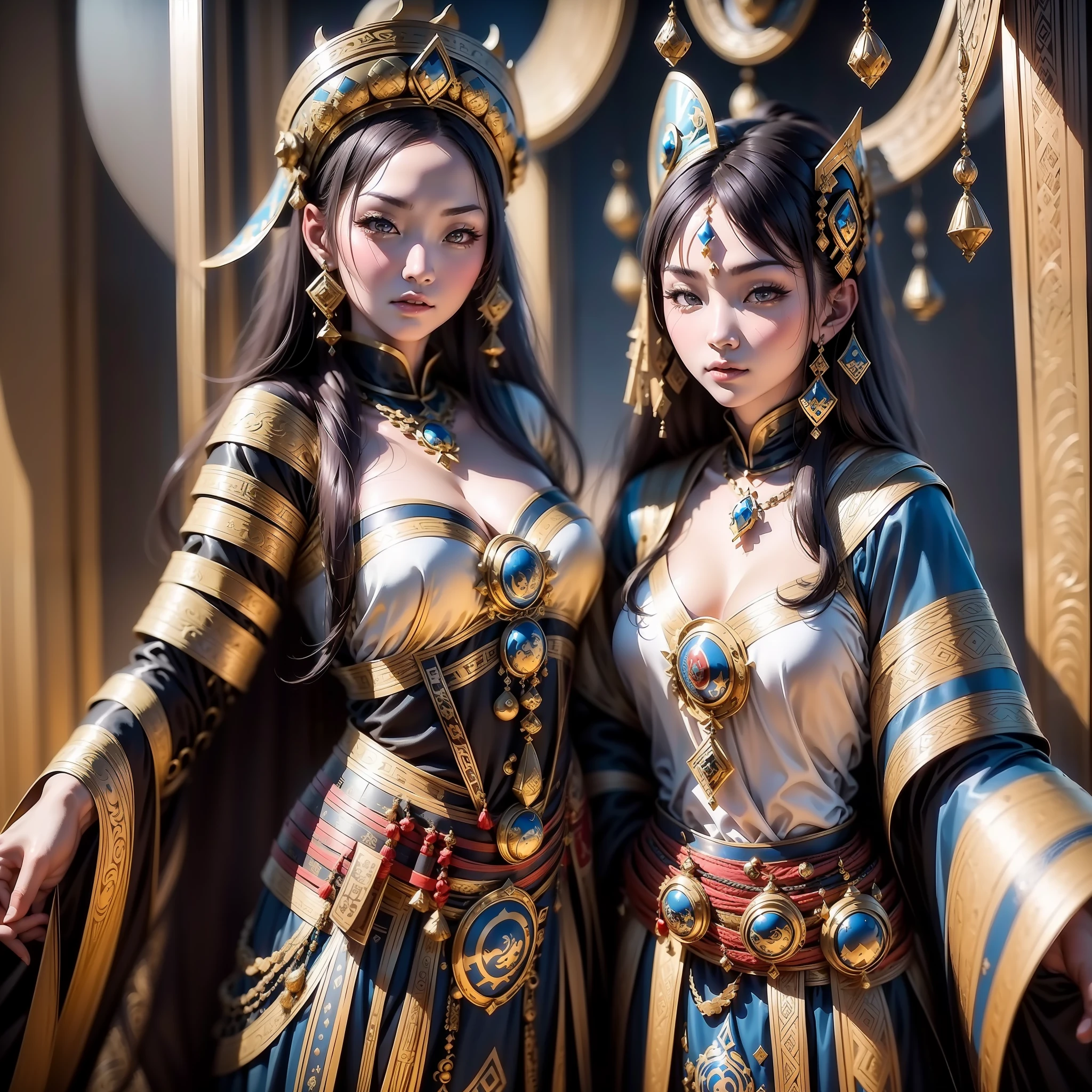 Woman (Costume Beauty 1.3) (Imperial Sister,, Double Eyelids 1.2), Fur, Metallic, Very Detailed, Detailed Detail, Masterpiece, Reduced Contrast, Cinematic Light Effects, Mongolian Elements Gallery Super Detail Age of Steam, Time, Space, Magic, Fantasy