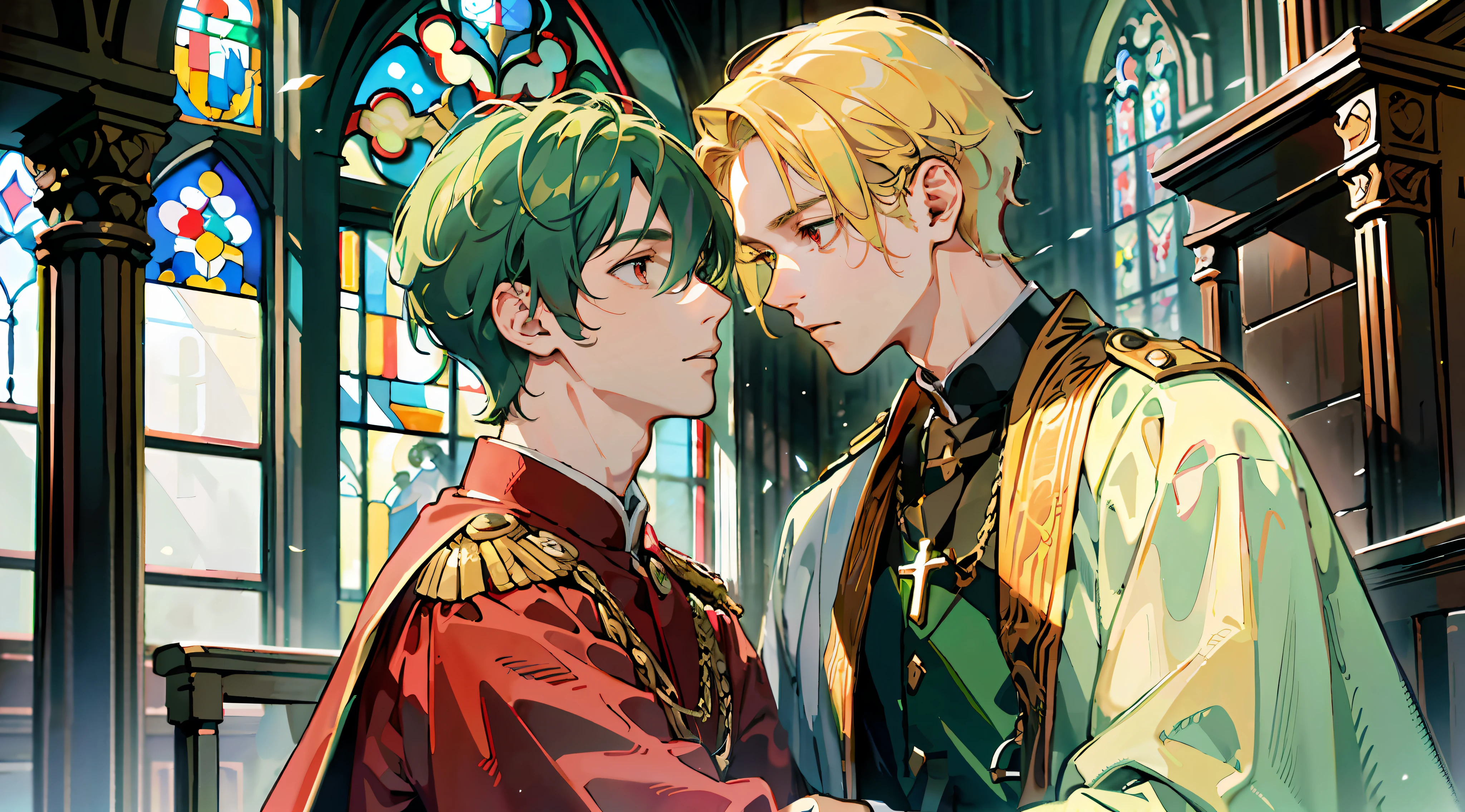 (Masterpiece: 1.4, highest quality), two young men facing each other in a church, and
2 young men with very cute and beautiful image quality, very cute and beautiful (beautiful young man in military uniform with very short blonde hair and red eyes: 1.2), and 2 young men, very cute and beautiful, with best image quality (cute young man and clergy robe with green hair and big eyes: 1.2), dynamic POSe