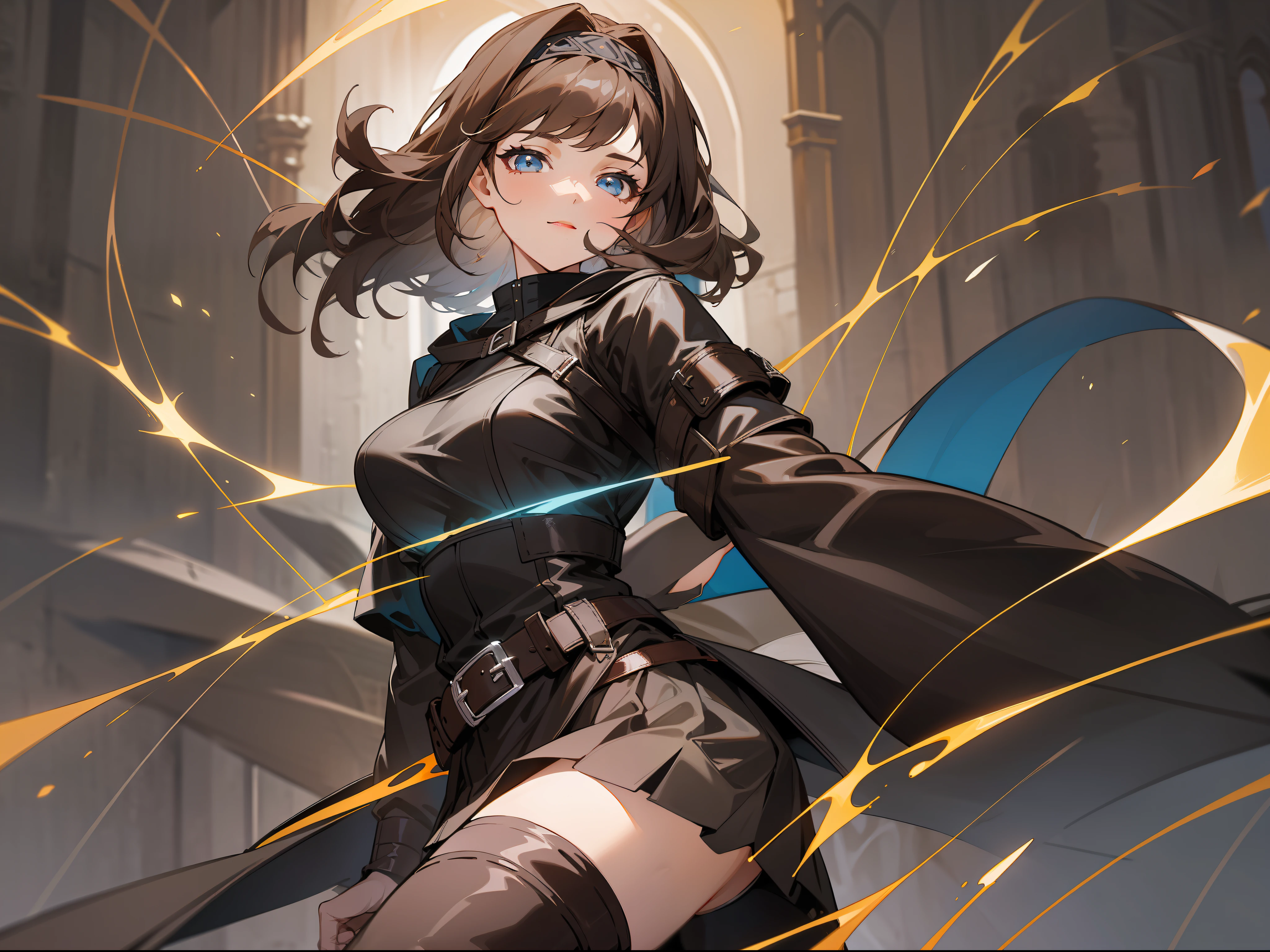 masterpiece, best quality, a mature woman, dark brown hair, hair band, light eyes, ladina, black clothing, black hood, leather armbands, belt, skirt, thigh-high boots, costume, medieval, in a battle arena, night, dynamic pose, aerial view, beautiful detailed glow.