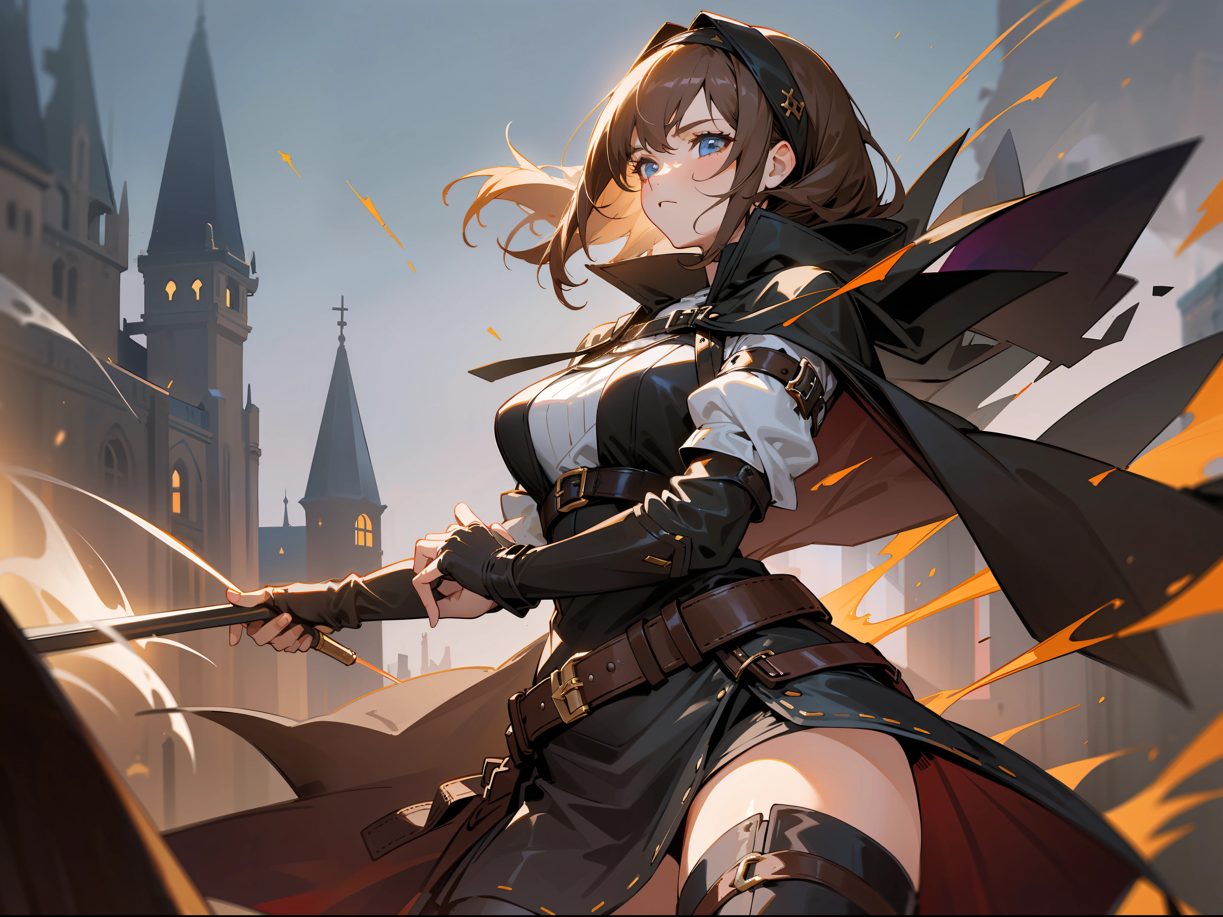 masterpiece, best quality, a mature woman, dark brown hair, hair band, light eyes, ladina, black clothing, black hood, leather armbands, belt, skirt, thigh-high boots, costume, medieval, in a battle arena, night, dynamic pose, aerial view, beautiful detailed glow.