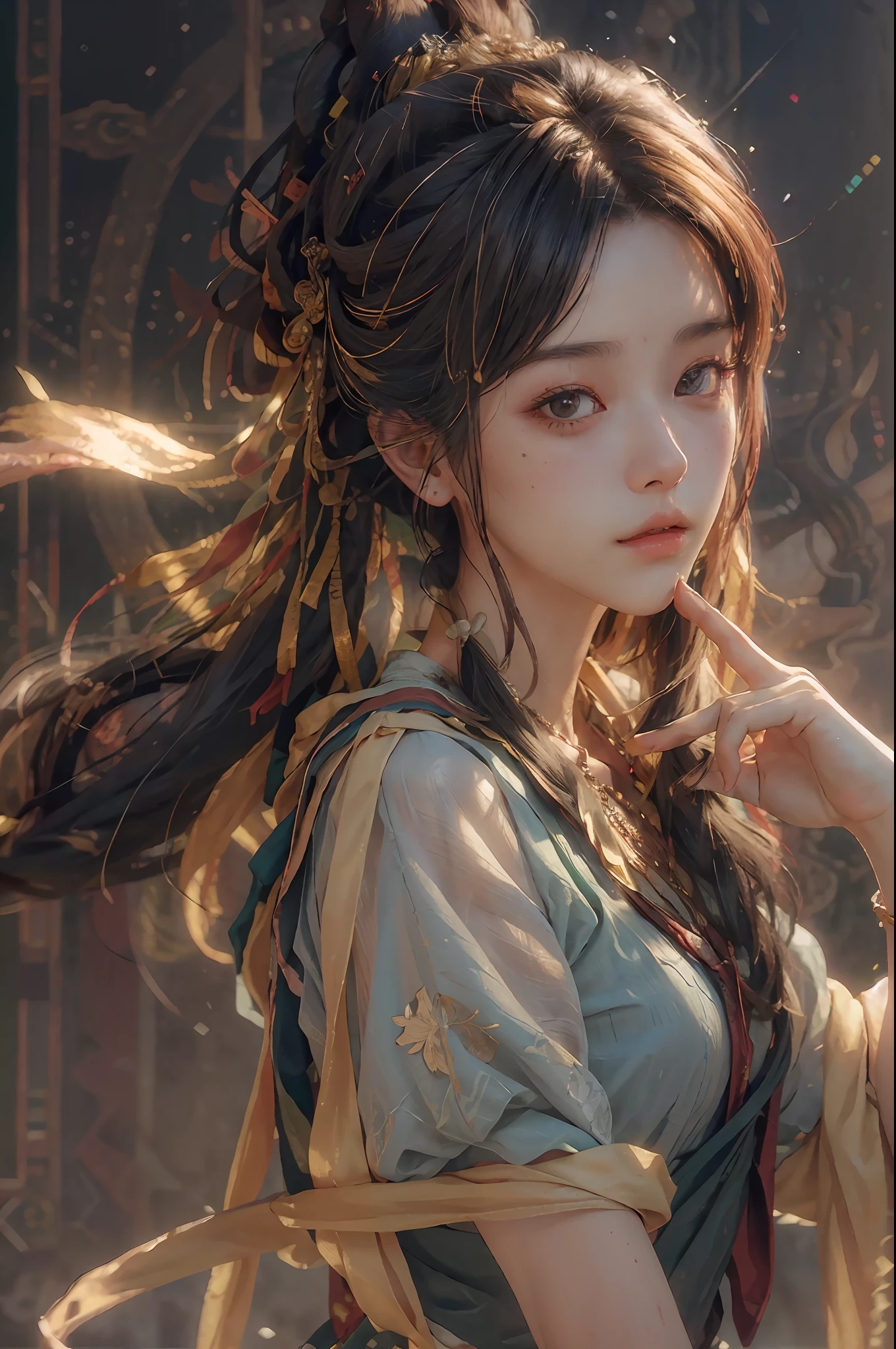 (RAW photo, best quality), (realistic, photo-realistic:1.3),best quality,highly detailed,masterpiece,ultra-detailed,illustration,1girl,upper_body,dynamic angle,world masterpiece theater,messy_long_hair,best quality,extremely detailed CG unity 8k wallpaper,ink,Amazing,cinematic lighting,lens_flare, dunhuang_style