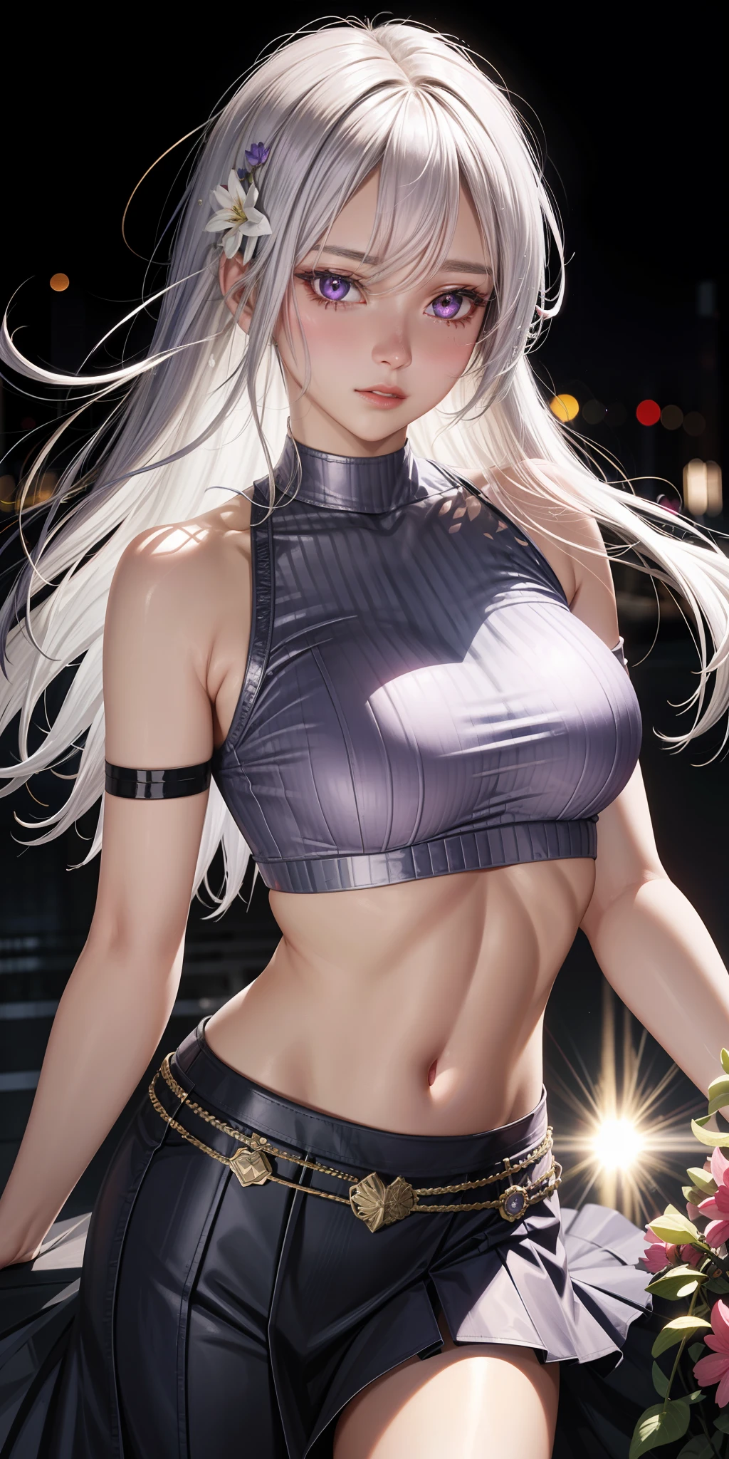 realistic, 1girl, white hair, purple eyes, glowing eyes, crop top, skirt, parted lips, blush, night, flowers, sun, sunlight,