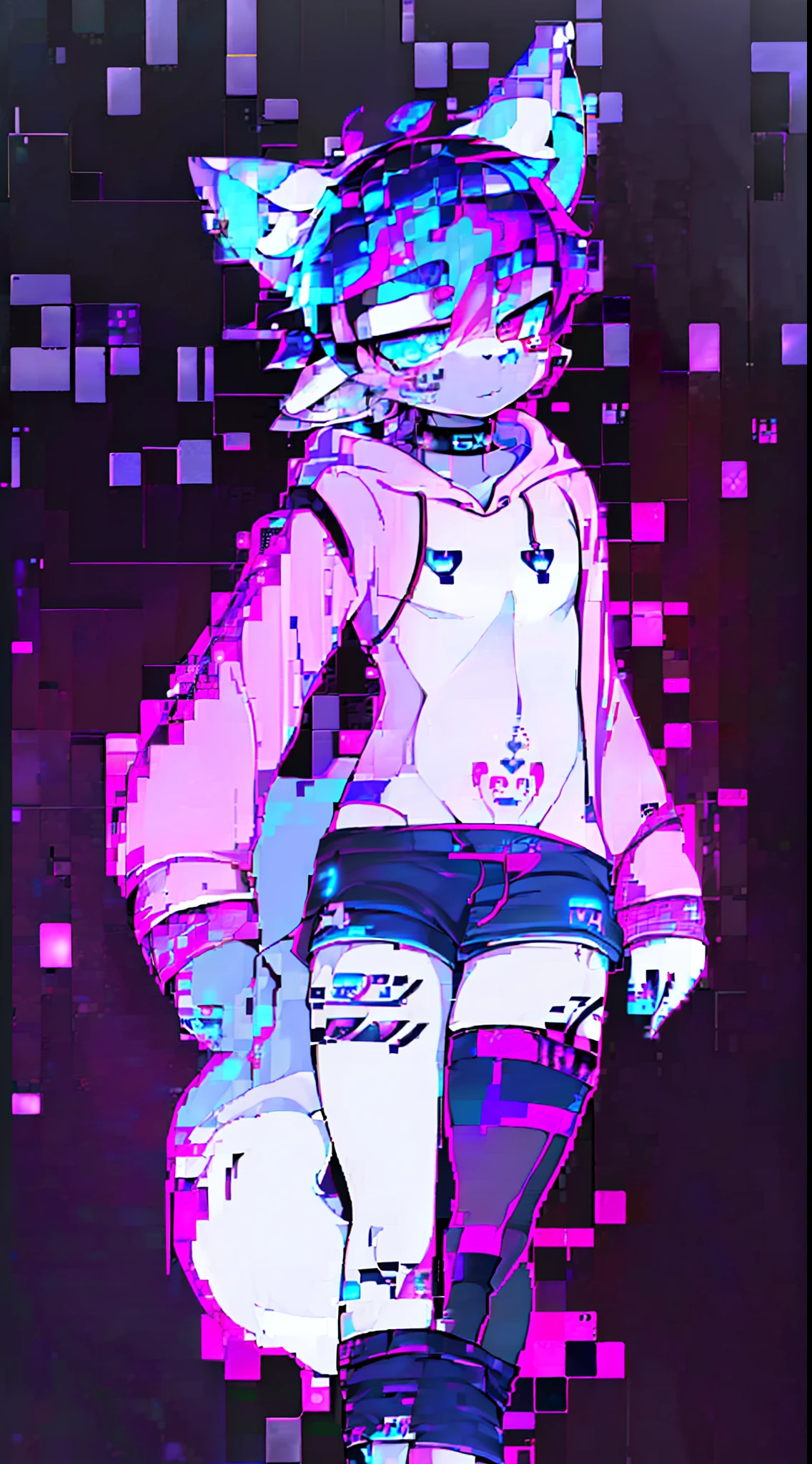 Black Fox, ((White Body:1.5)), (((masterpiece))), collar, (Dragon Wings:1.45), (headphones:1.4), (Hoodie crop:1.82), short hair, black hair, male, bisexual, (puppet:1.2), (Boy:1.55), blush, (short pants:1.82), (headphones:1.55), ((Thigh High Socks, Femboy Clothing, Femboy Femboy Thigh Highs:1.2)), ((blue eyes, pink eyes:1.55)), Femboy, full body, low angle, paws, ((pubic tattoo, womb tattoo, glowing tattoo:1.52)), ((guy look like women, flat chest:1.52)), (fox tail:1.52), ((glitch, ear glitch, tail glitch:1.5)), Full HD, 8K
