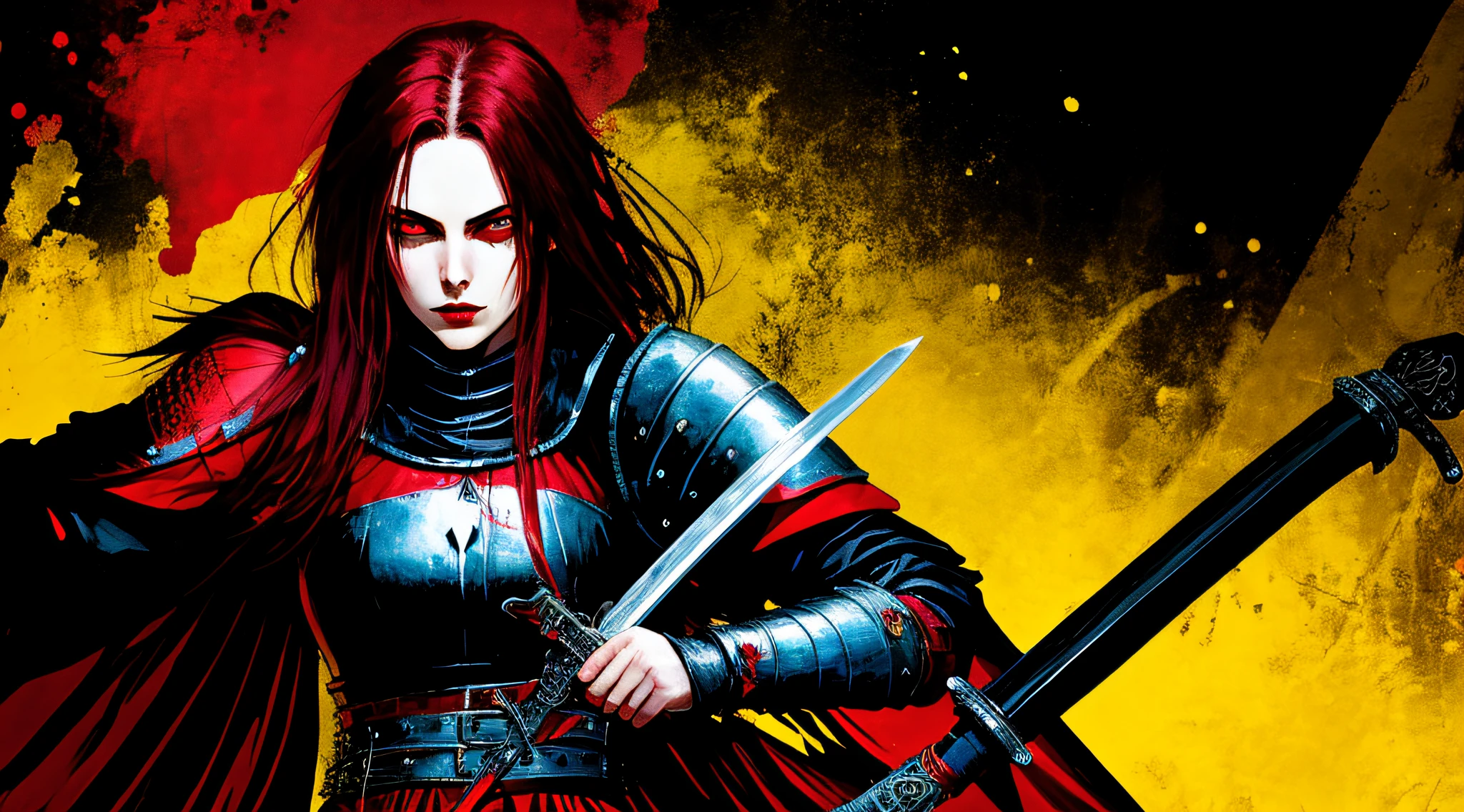 red and black, a female medieval knight, with a sword, strong contrast, grunge dirty punk splash art, black metal zine