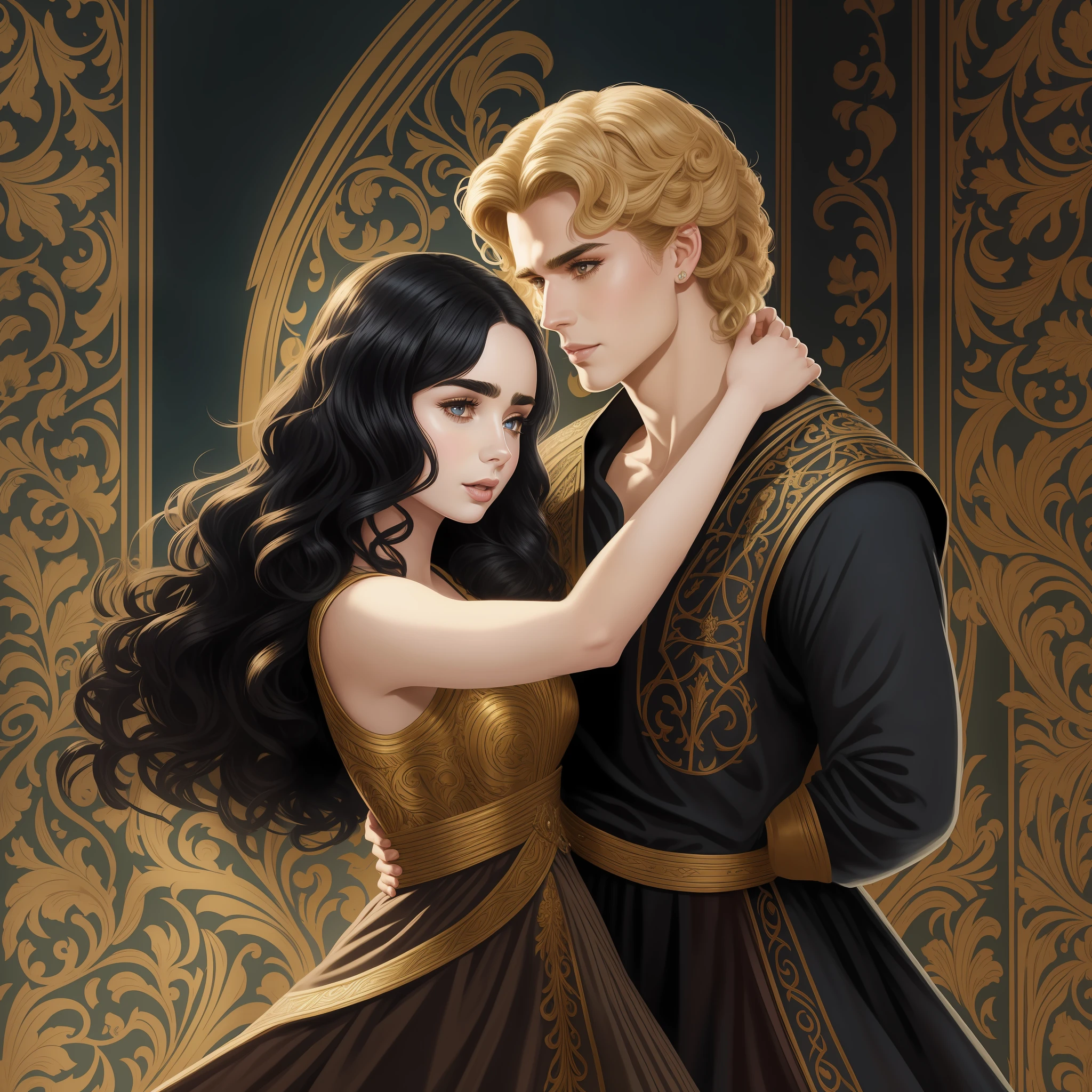 Lily Collins, who has curly black hair, wears a medieval dress. the Neels Visser wears a medieval military outfit and has blonde hair. The couple is waltzing in the ballroom. The illustration is like a book cover with a detailed, bright, illuminated, ultra detailed background, concept art, elegant, art by Greg Hildebrandt, Samyang