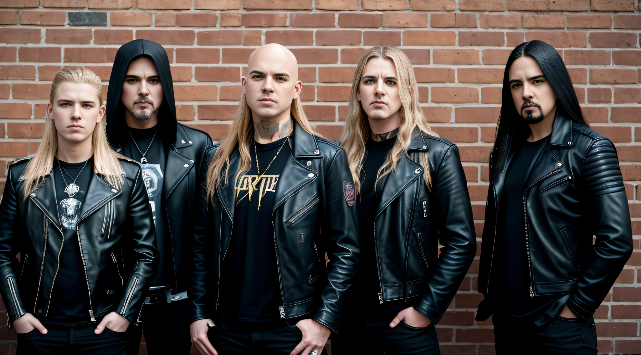 a group of young boys, in leather jacket and black clothing, with long blonde hair, close up, standing in front of a wall, dream theater, new wave british heavy metal, doom metal, heavy rock band promo photo, heavy metal band promo, sotn, sf, u. h. d, infernal, dramatic art, remastering, pentagram, apocalypse, print ready, slayer, a bald head, promotional image