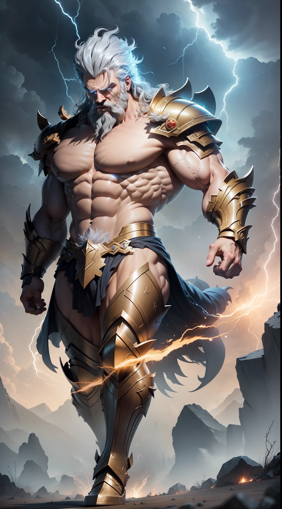 (extremely detailed CG unity 8k wallpaper, masterpiece, best quality, ultra-detailed), best lighting, best shadow (very strong, giant, muscular Zeus god wearing battle armor), fierce, wild expression, beautiful sky, lightning falling volumetric lighting.