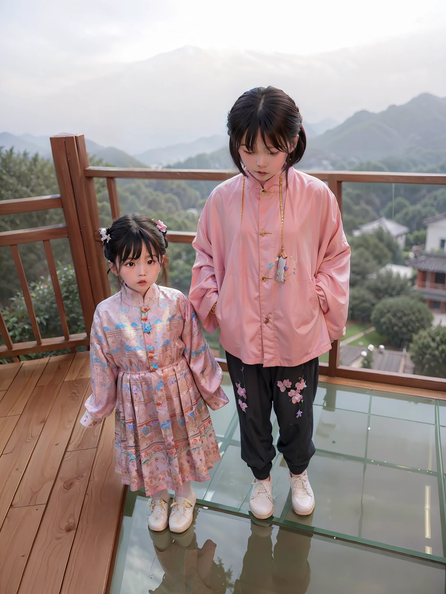 there are two children standing on a glass walkway overlooking a mountain, ruan jia and fenghua zhong, yanjun chengt, they are siblings, ruan jia and brom, zmonzheng, mingchen shen, jinyiwei, kid, xintong chen, 8k --height 768, leng jun, they are very serious