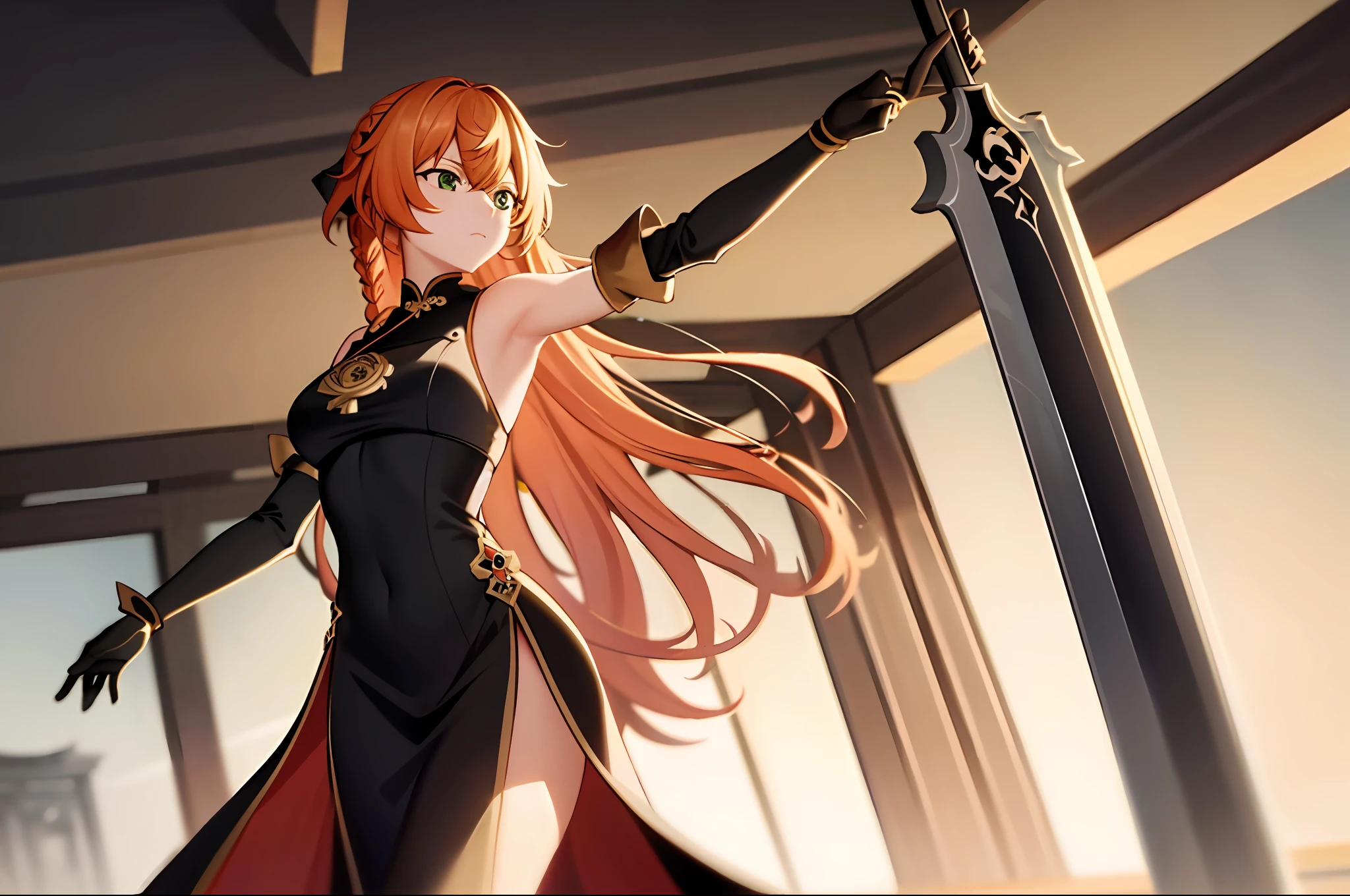 masterpiece, best quality, g1a2s, 1girl, (genshin impact), long hair, solo, hair ornament, gloves, black gloves, standing, orange hair, green eyes, full body, holding, from behind, bodysuit, braid, gun, black bodysuit, shadow, walking, high heels, shoulder clipping, indoors, partially fingerless gloves, chinese clothes, long sleeves, very long hair, clothing cutout,  long skirt with slit fitss, holding giant sword, giant sickle, loose hair, hip out, hand up, face away, bare shoulders, breasts, hair over one eye, construction, blurry, elbow gloves, detached sleeves