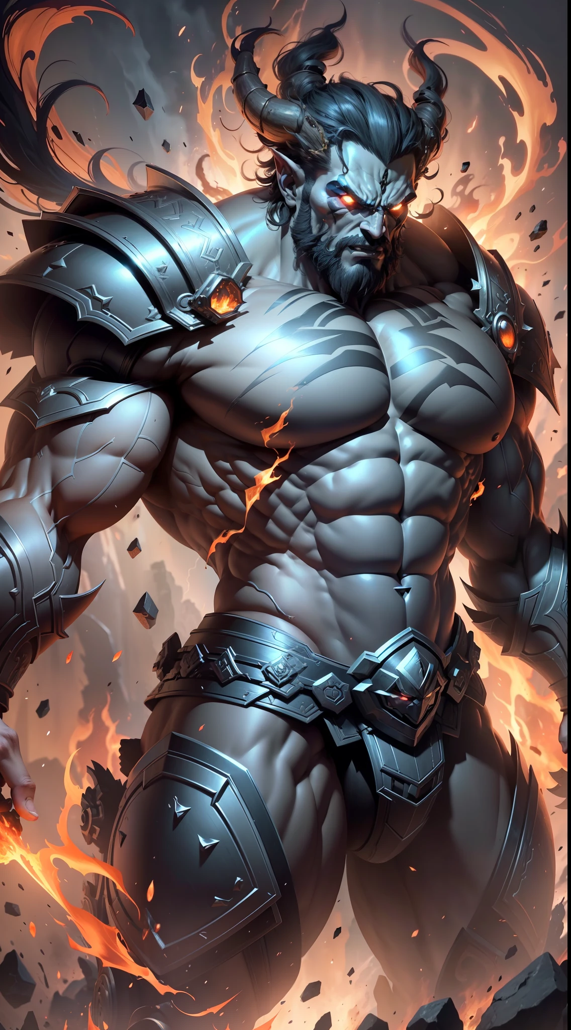 (extremely detailed CG unity 8k wallpaper, masterpiece, best quality, ultra-detailed), best lighting, best shadow (very strong, giant, muscular God Hades wearing battle armor), fierce, savage expression, hellish atmosphere, gushing fire, volumetric lighting.